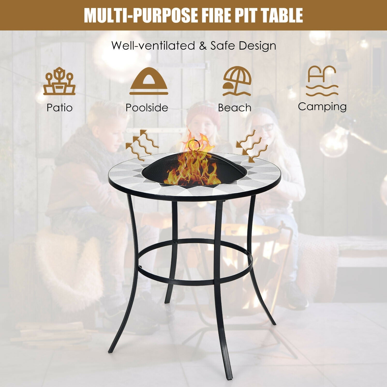 23.5 Inches Round Fire Pit Table with Mesh Cover and Fire Poker