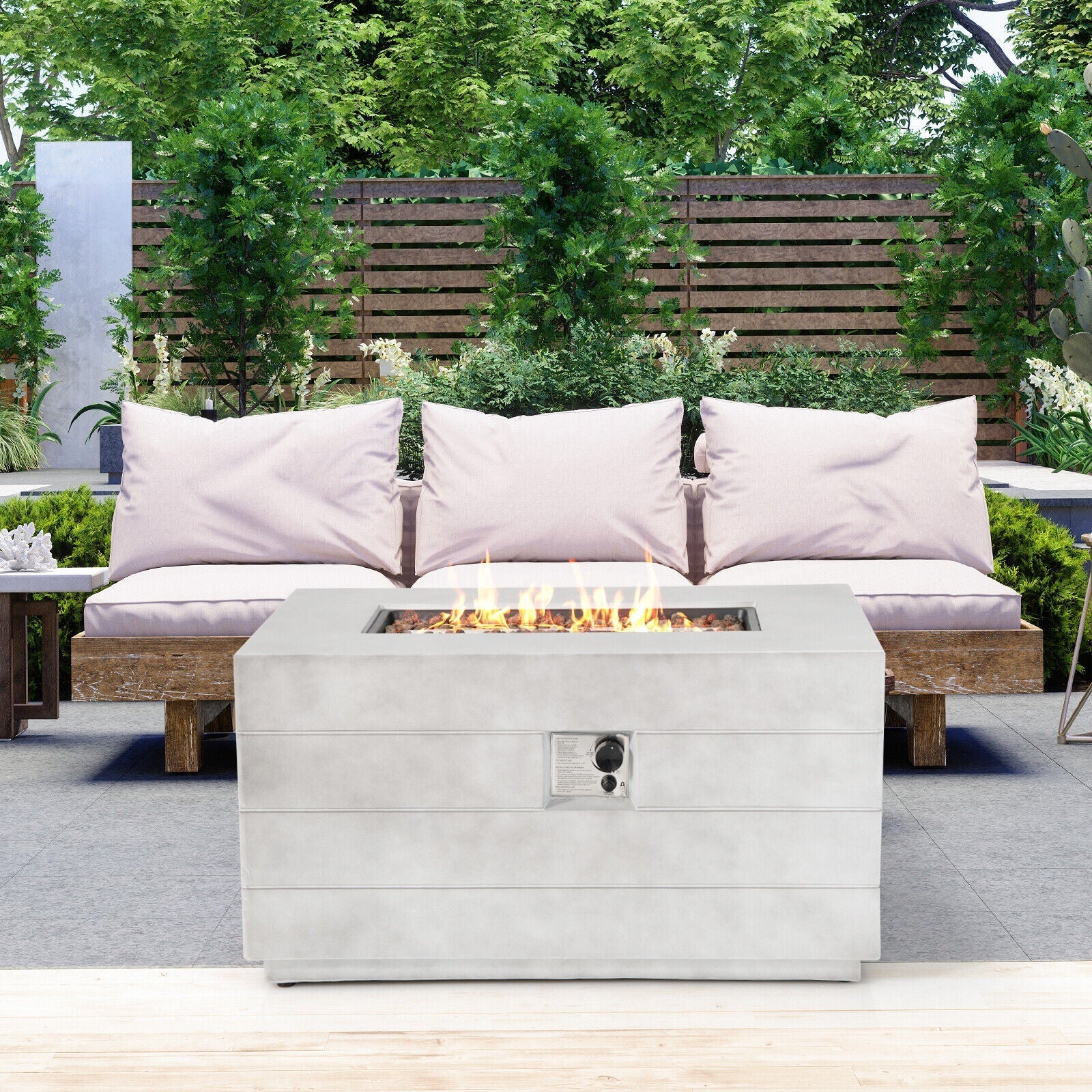 43 Inch Rectangular Concrete Propane Fire Pit Table with Lava Rocks and Cover 50 000 BTU-Gray