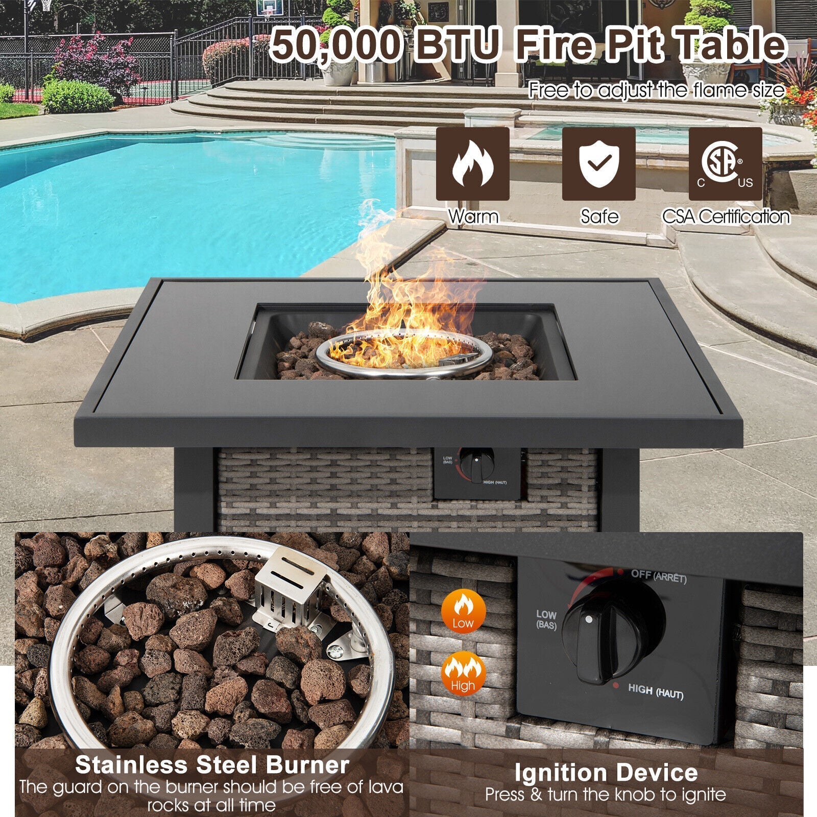 32 Inch Square Propane Fire Pit Table with Lava Rocks Cover