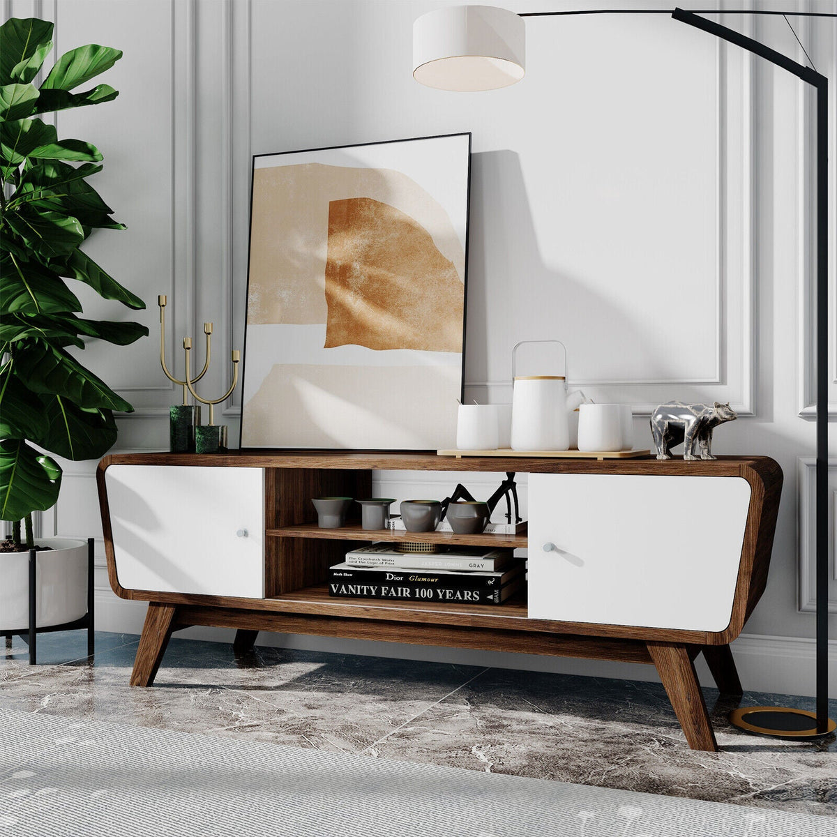 Sliding Door TV Stand with Adjustable Shelf for TVs up to 55 Inch
