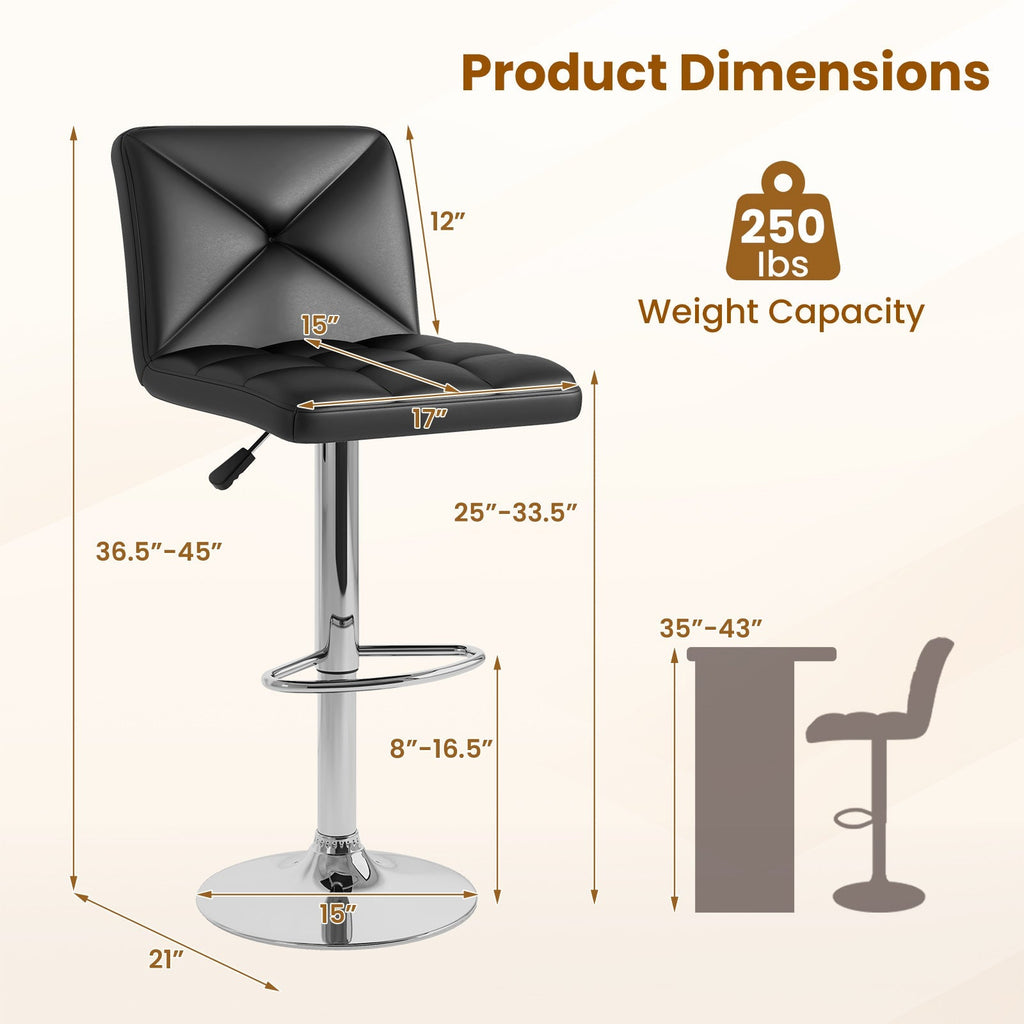 PU Leather Upholstered Bar Stools Set of 2 with Back and Adjustable Height
