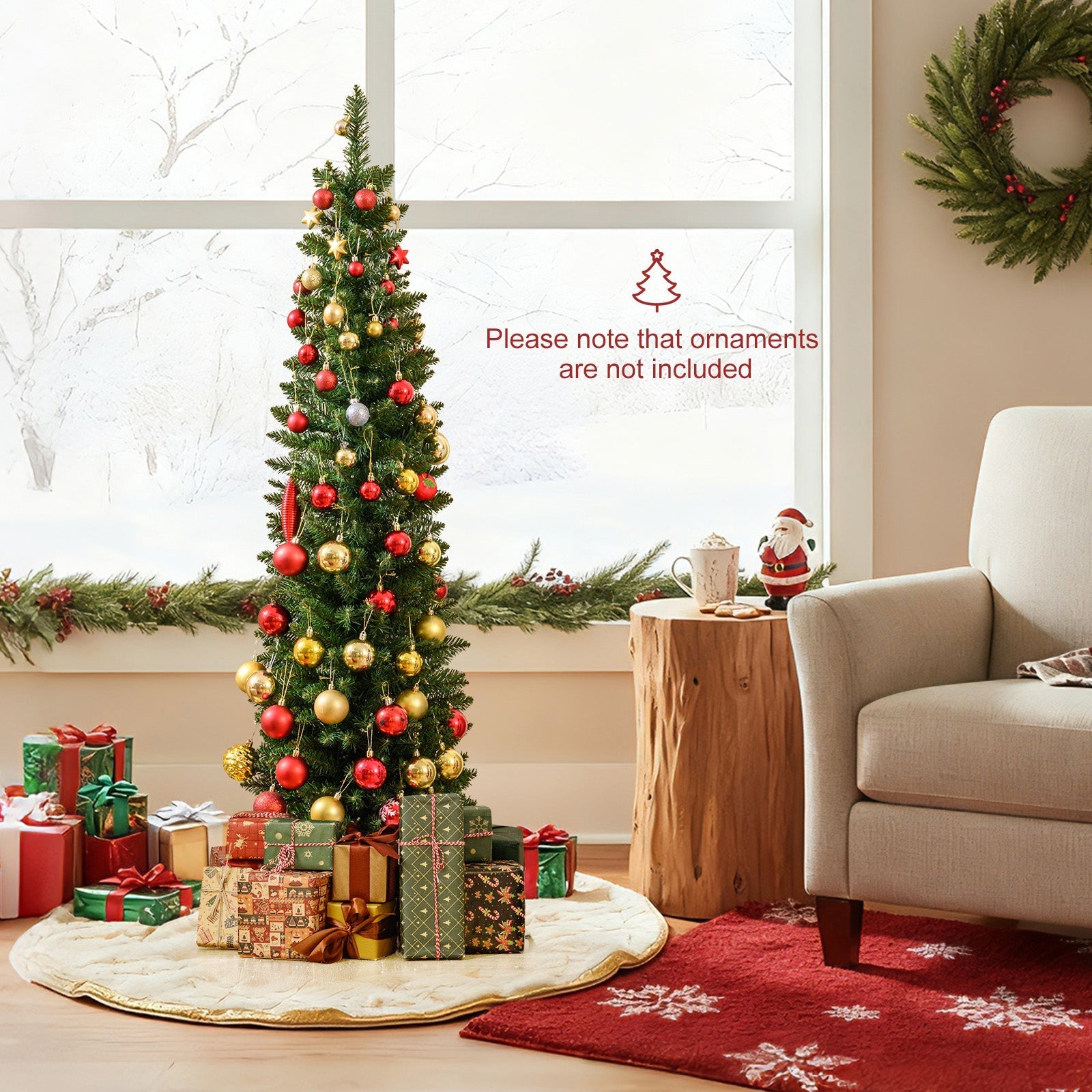 5/6/7/8/9 Feet Pre-lit Pencil Artificial Christmas Tree with 150/180/200//300/400 Warm White LED Lights