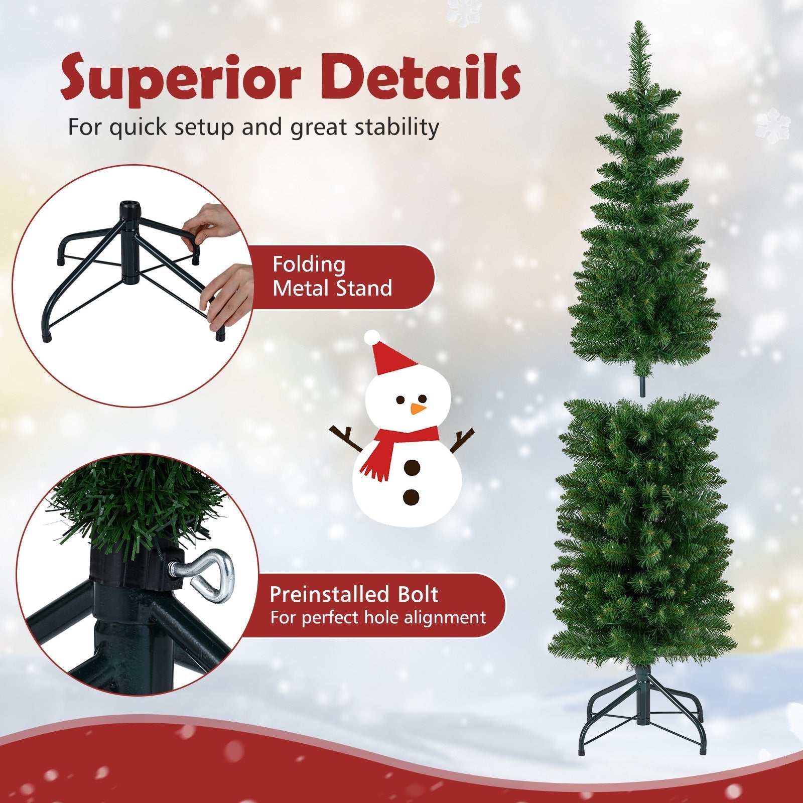 5/6/7/8/9 Feet Pre-lit Pencil Artificial Christmas Tree with 150/180/200//300/400 Warm White LED Lights