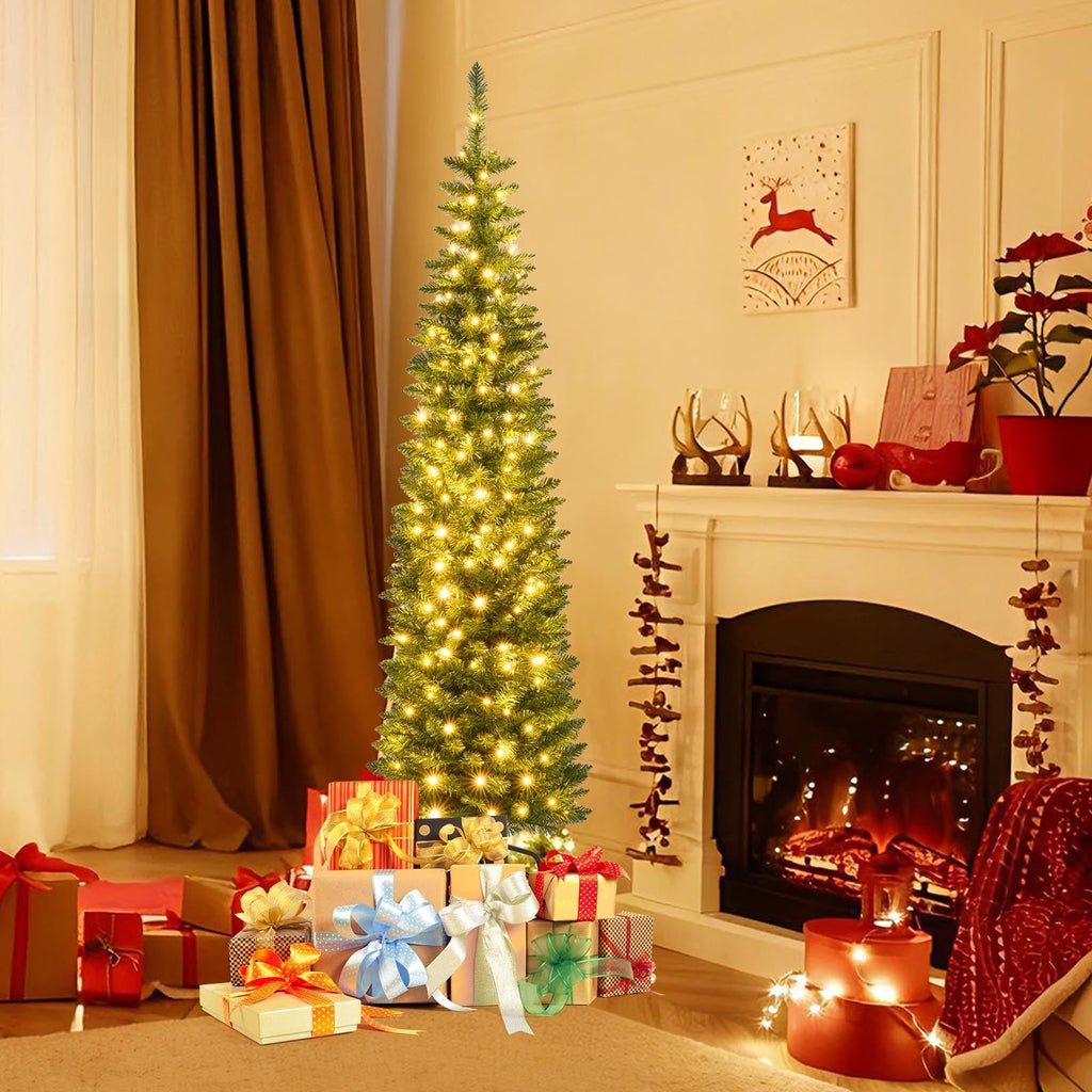 5/6/7/8/9 Feet Pre-lit Pencil Artificial Christmas Tree with 150/180/200//300/400 Warm White LED Lights