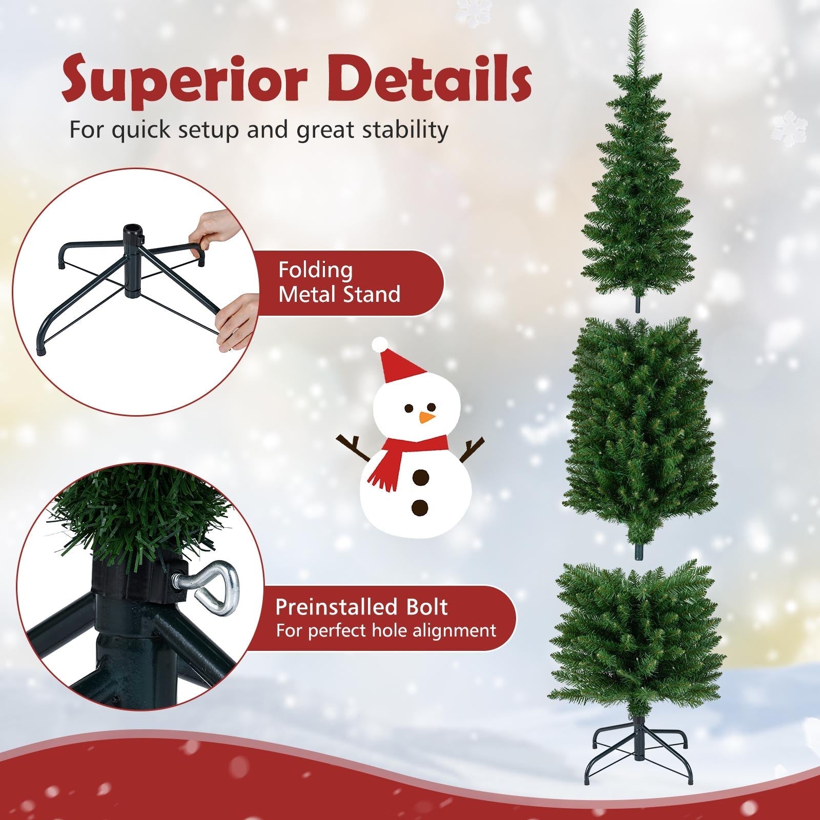 5/6/7/8/9 Feet Pre-lit Pencil Artificial Christmas Tree with 150/180/200//300/400 Warm White LED Lights