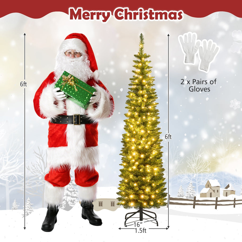 5/6/7/8/9 Feet Pre-lit Pencil Artificial Christmas Tree with 150/180/200//300/400 Warm White LED Lights