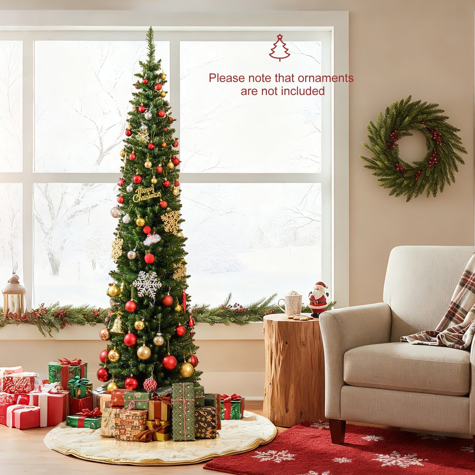 5/6/7/8/9 Feet Pre-lit Pencil Artificial Christmas Tree with 150/180/200//300/400 Warm White LED Lights