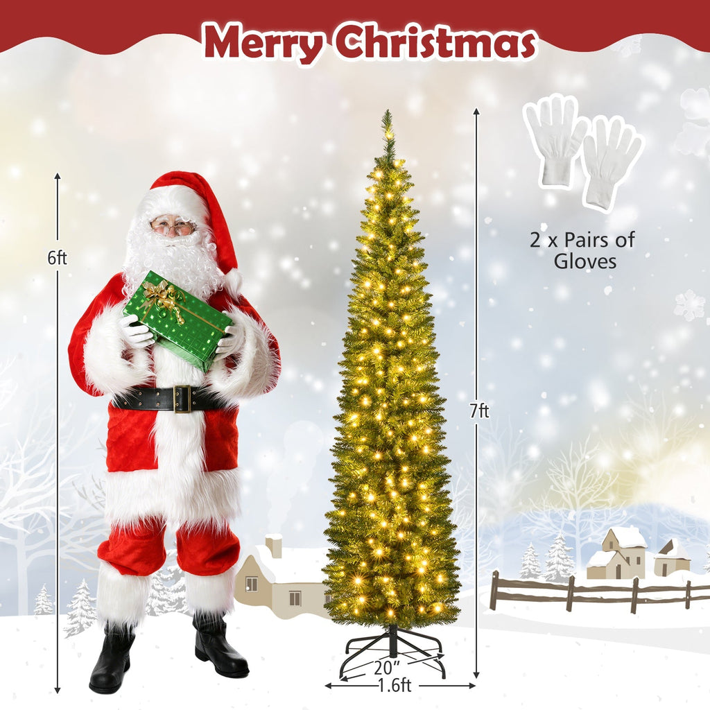 5/6/7/8/9 Feet Pre-lit Pencil Artificial Christmas Tree with 150/180/200//300/400 Warm White LED Lights