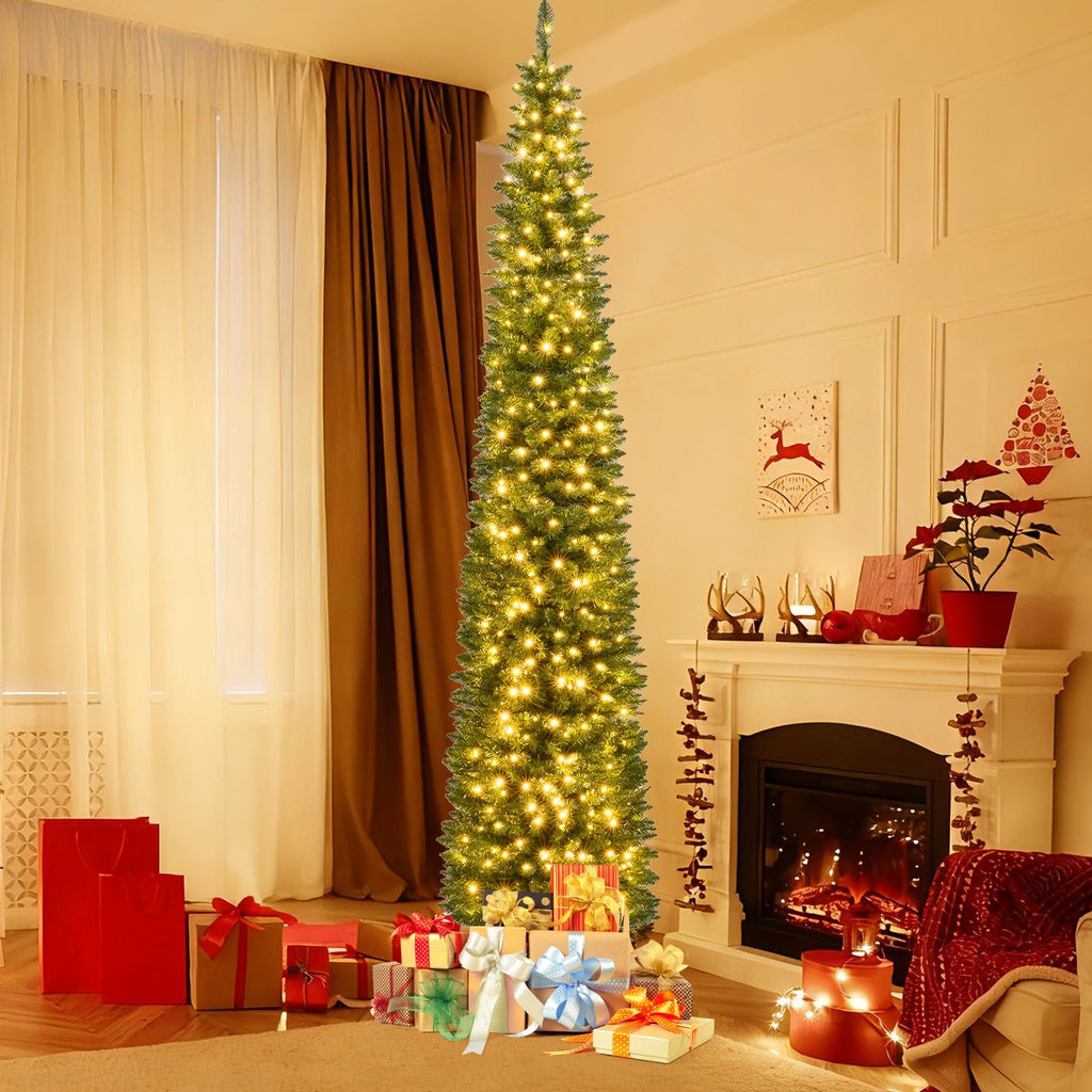 5/6/7/8/9 Feet Pre-lit Pencil Artificial Christmas Tree with 150/180/200//300/400 Warm White LED Lights