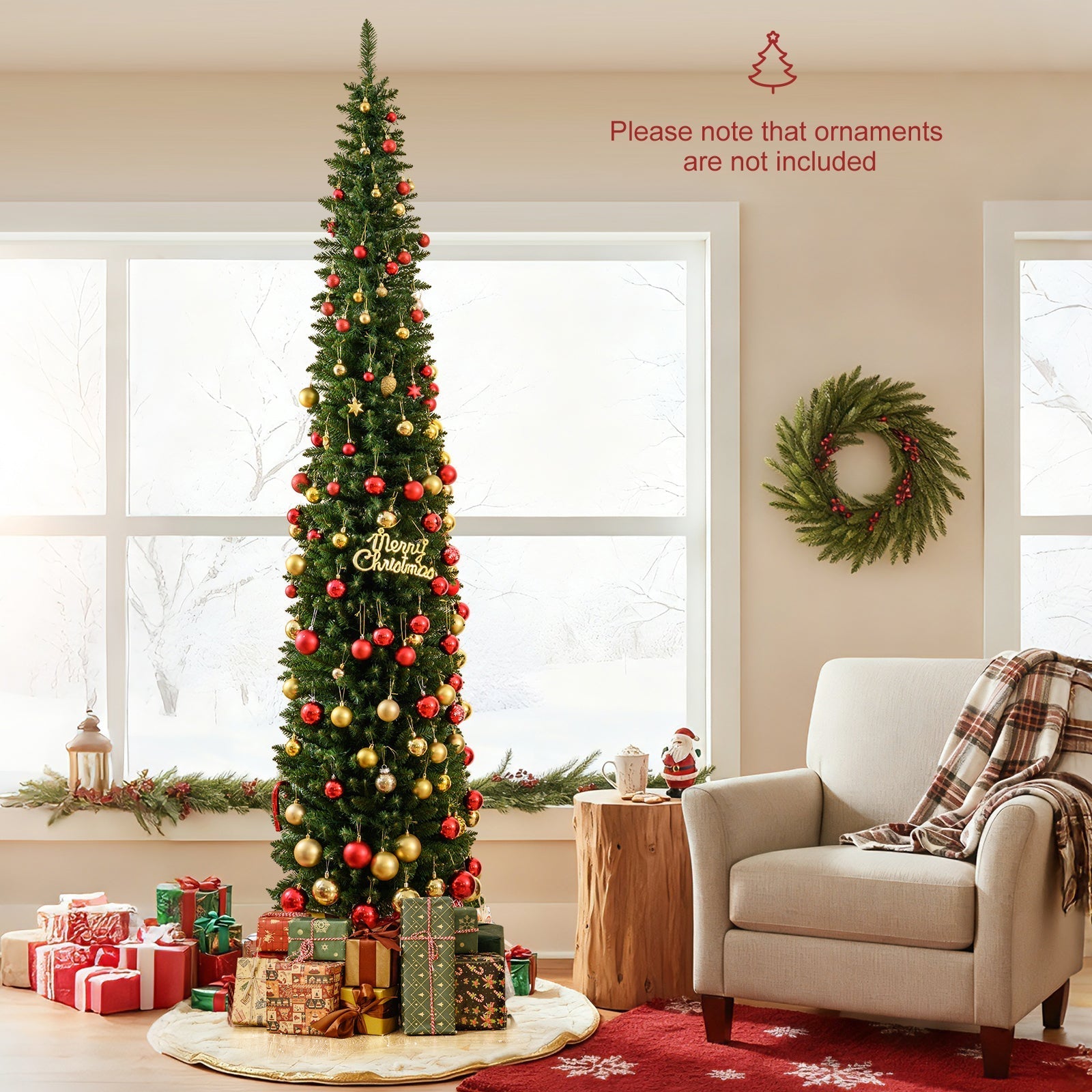 5/6/7/8/9 Feet Pre-lit Pencil Artificial Christmas Tree with 150/180/200//300/400 Warm White LED Lights