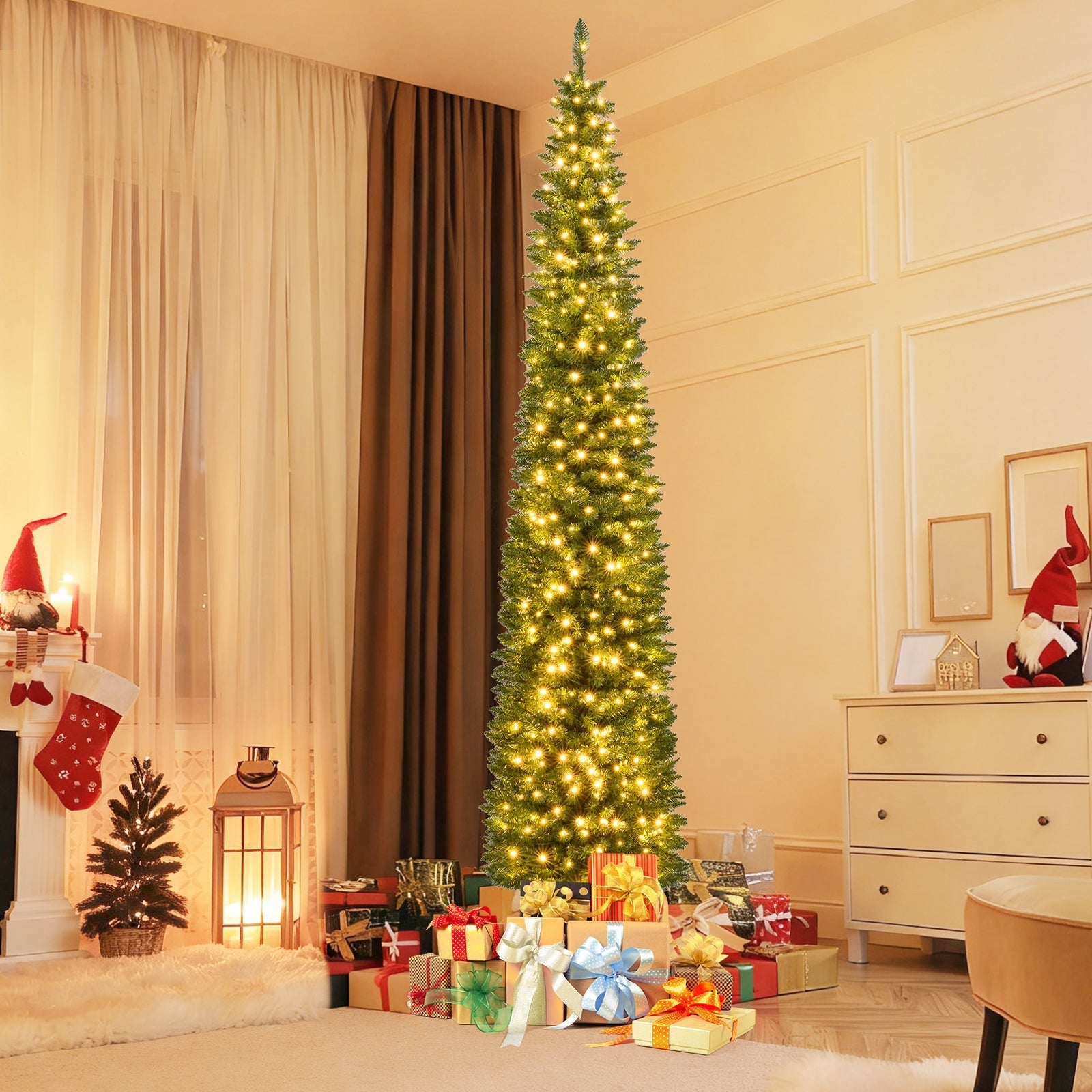5/6/7/8/9 Feet Pre-lit Pencil Artificial Christmas Tree with 150/180/200//300/400 Warm White LED Lights