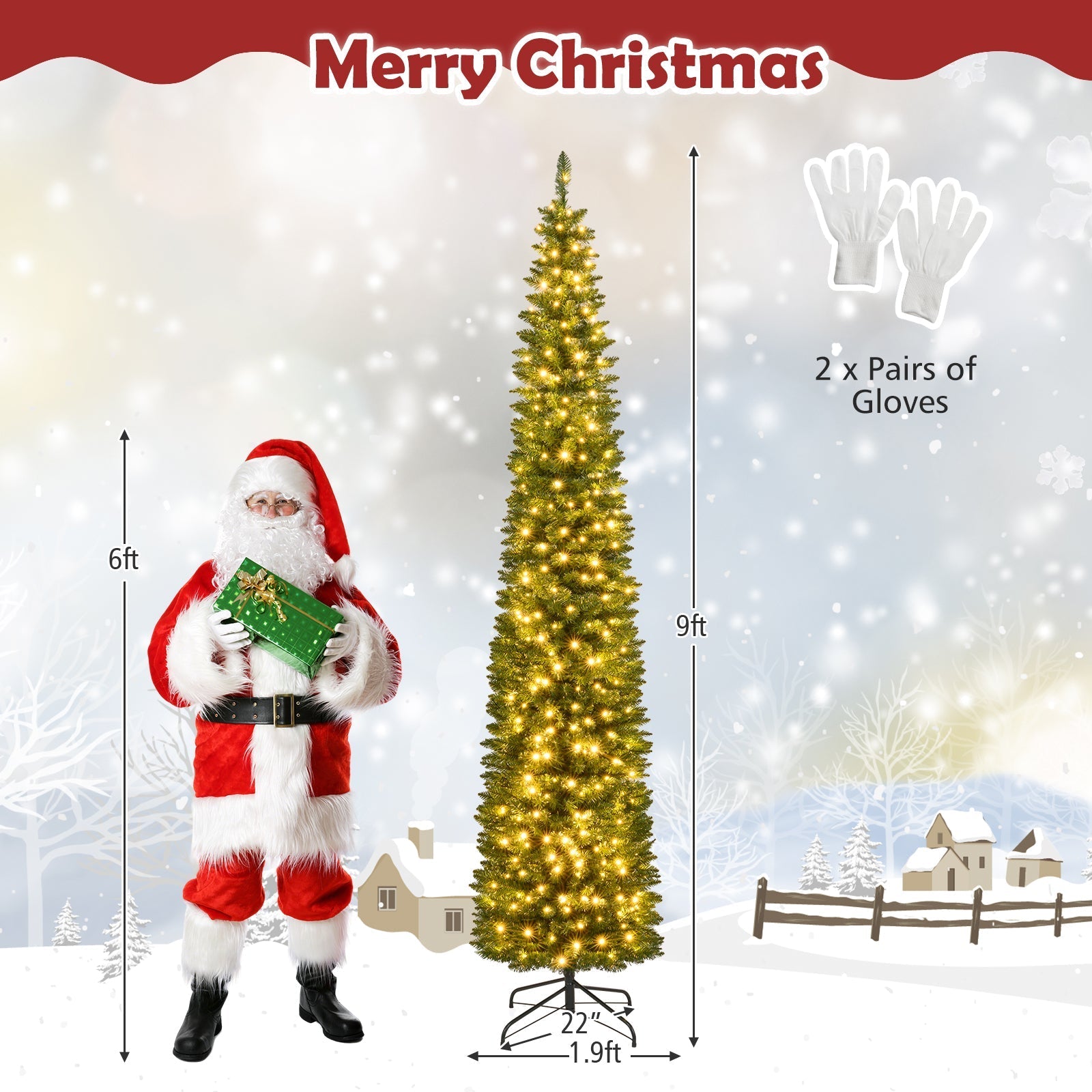 5/6/7/8/9 Feet Pre-lit Pencil Artificial Christmas Tree with 150/180/200//300/400 Warm White LED Lights