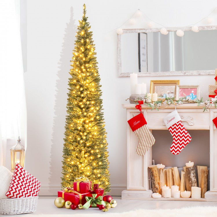 5/6/7/8/9 Feet Pre-lit Pencil Artificial Christmas Tree with 150/180/200//300/400 Warm White LED Lights