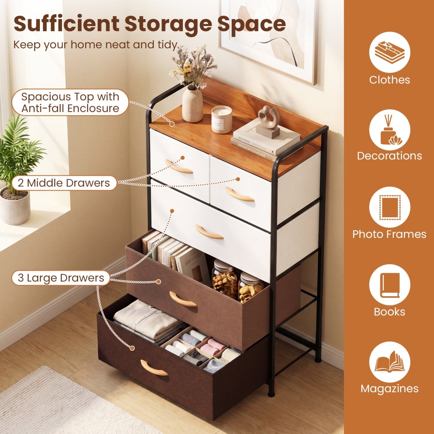 5-Drawer Fabric Dresser with Removable Bins