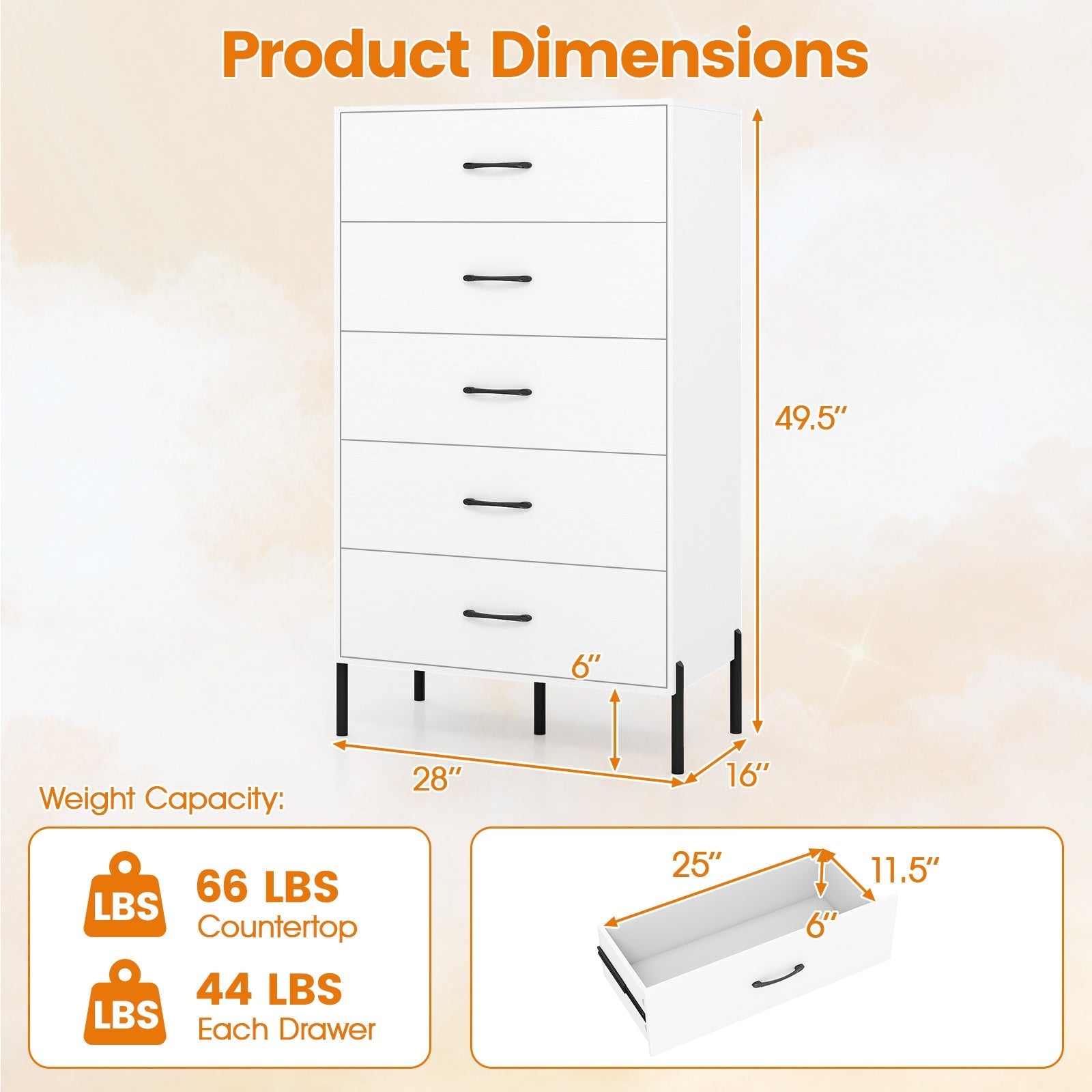 5-Drawer Modern Tall Chest of Drawers with Metal Legs-White