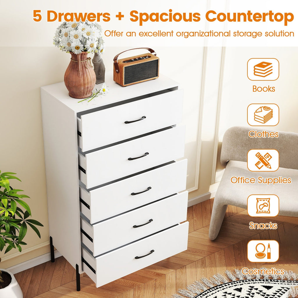 5-Drawer Modern Tall Chest of Drawers with Metal Legs-White