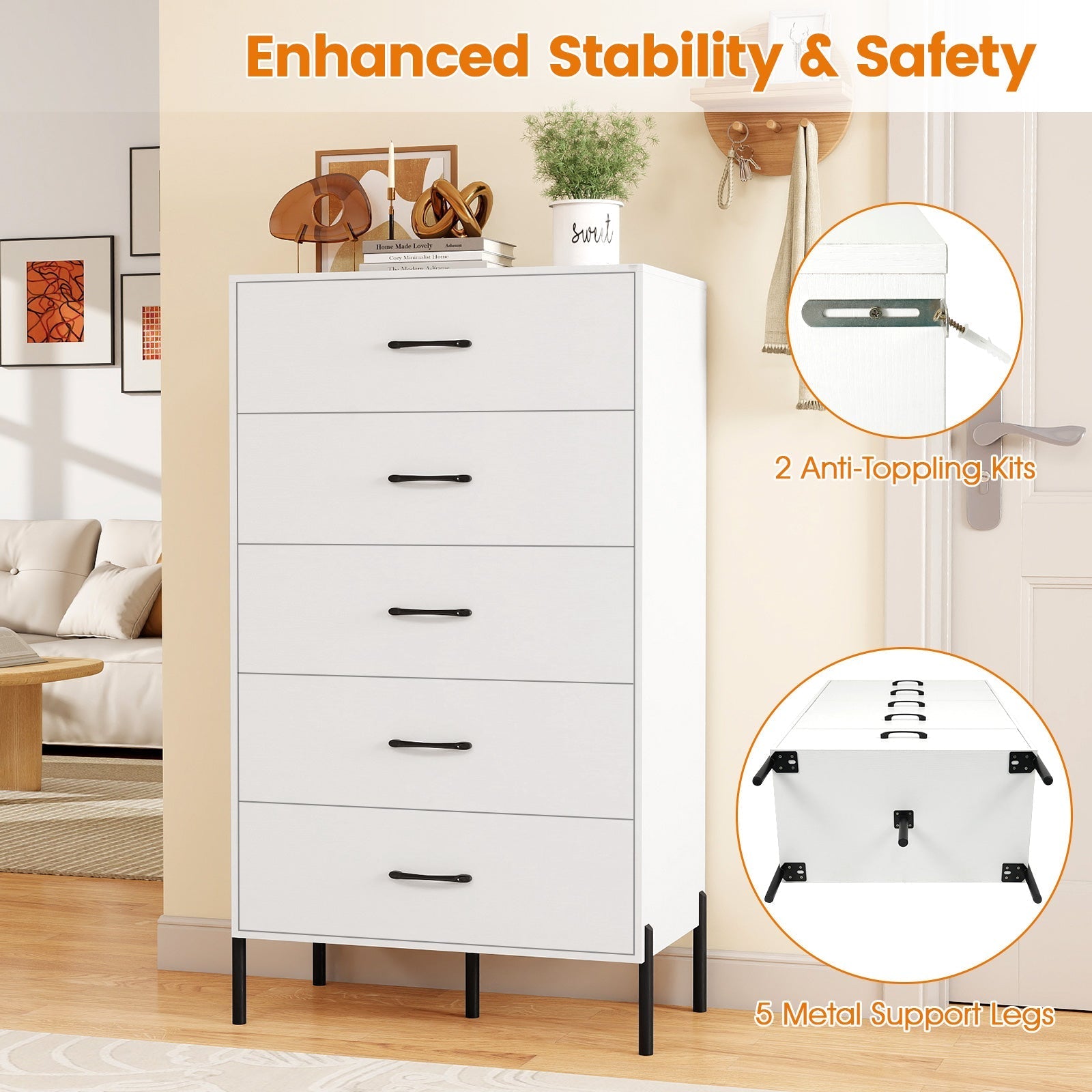 5-Drawer Modern Tall Chest of Drawers with Metal Legs-White