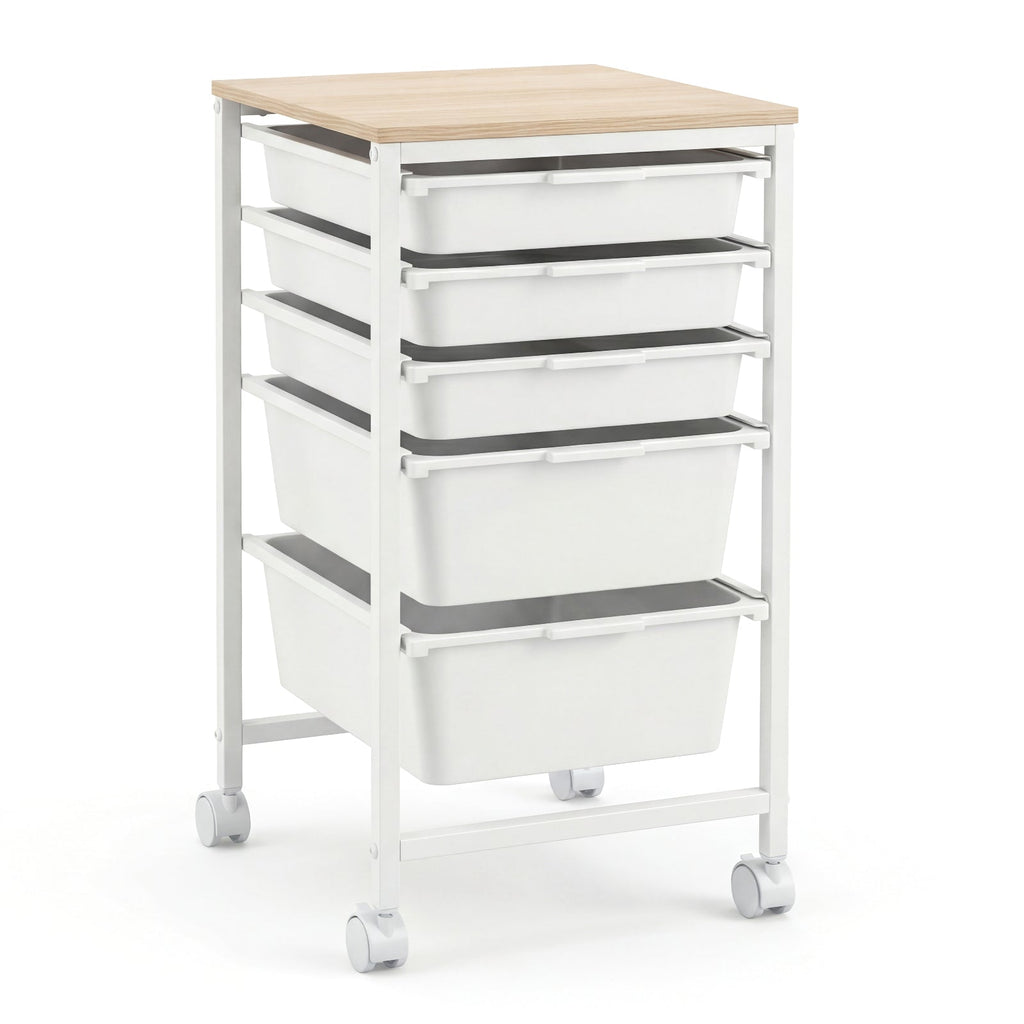 5-Drawer Rolling Storage Cart Mobile Utility Organizer with Wooden Tabletop and Lockable Wheels-White