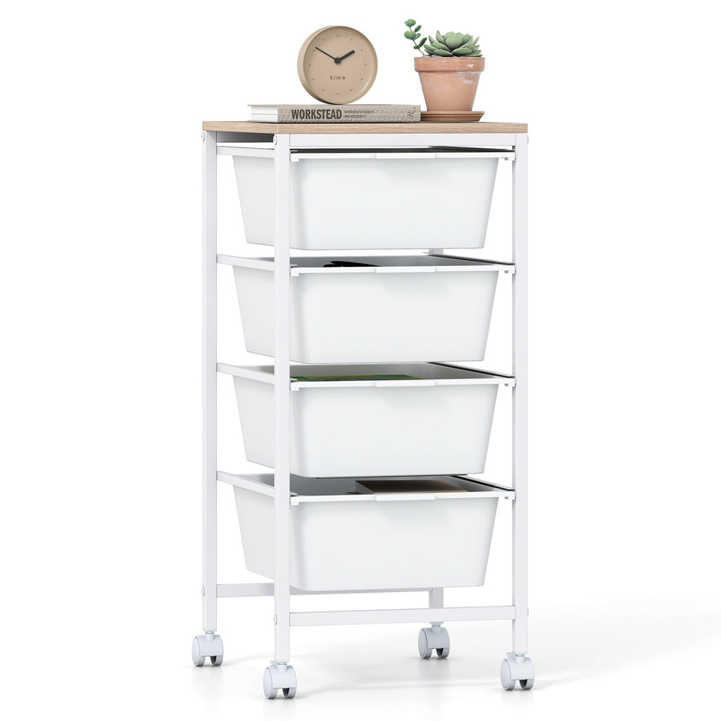 5-Drawer Rolling Storage Cart Mobile Utility Organizer with Wooden Tabletop and Lockable Wheels-White
