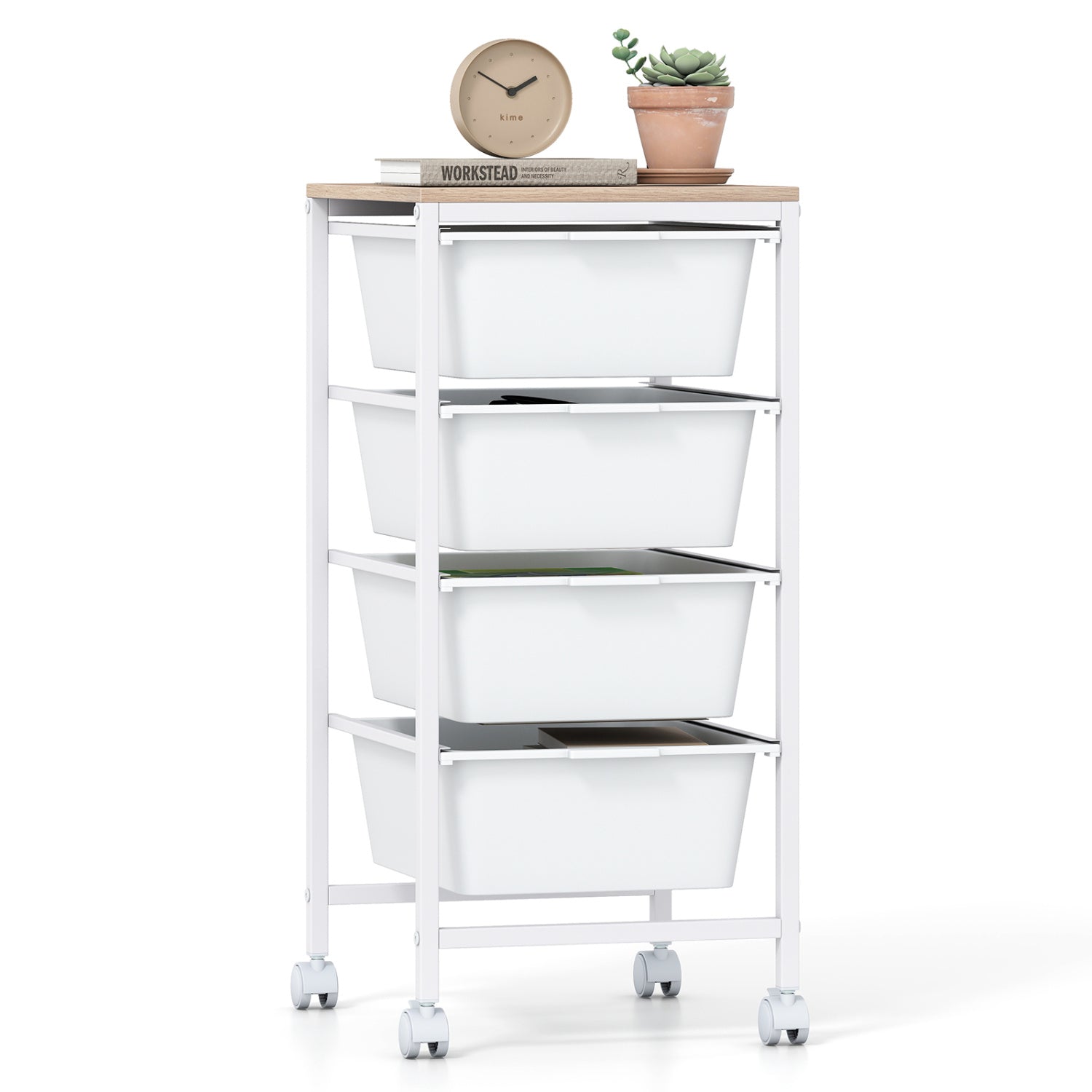 5-Drawer Rolling Storage Cart Mobile Utility Organizer with Wooden Tabletop and Lockable Wheels-White