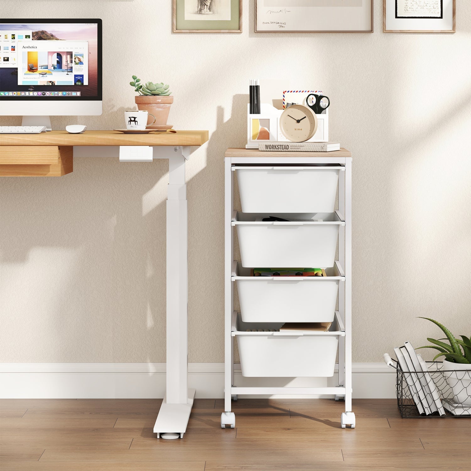 5-Drawer Rolling Storage Cart Mobile Utility Organizer with Wooden Tabletop and Lockable Wheels-White