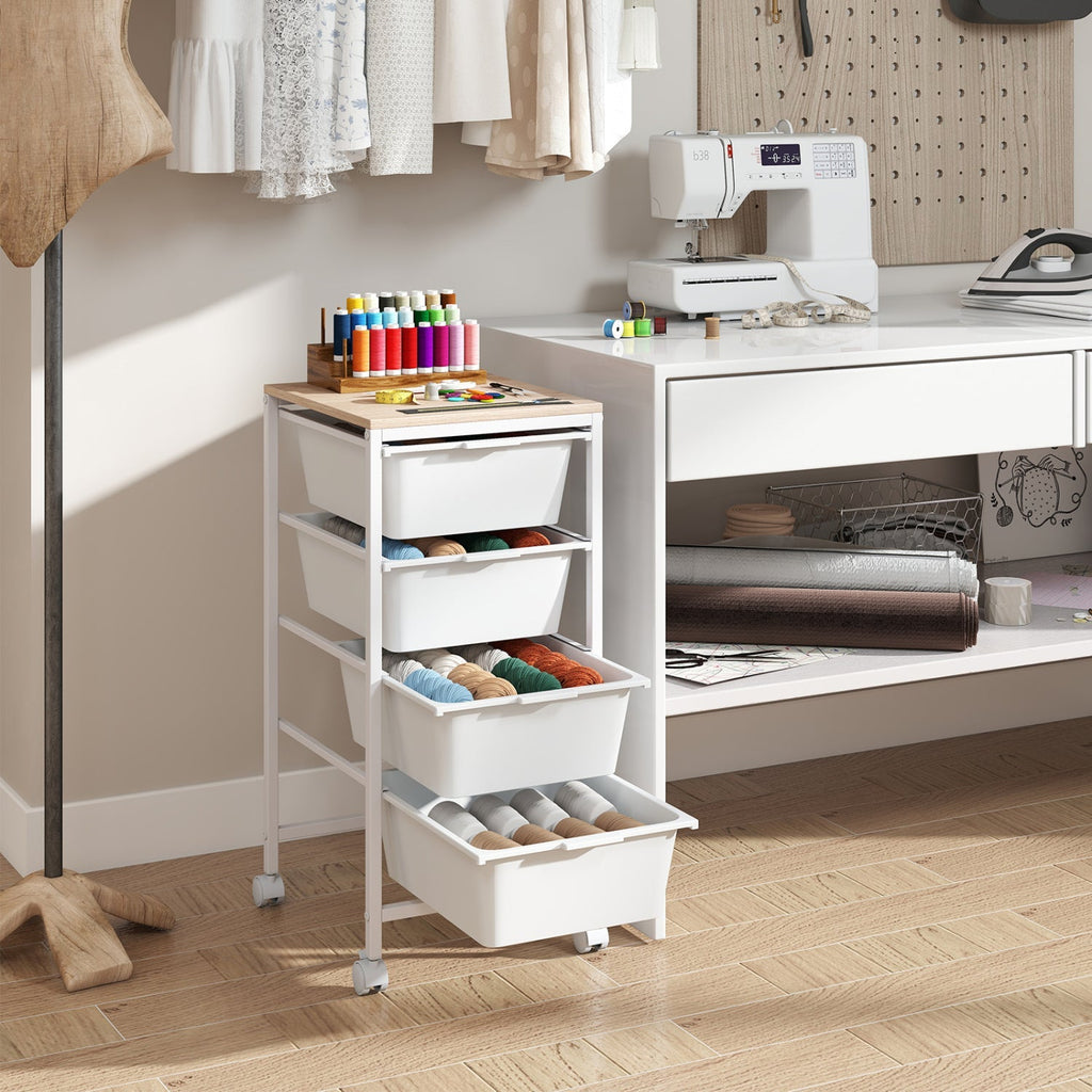 5-Drawer Rolling Storage Cart Mobile Utility Organizer with Wooden Tabletop and Lockable Wheels-White