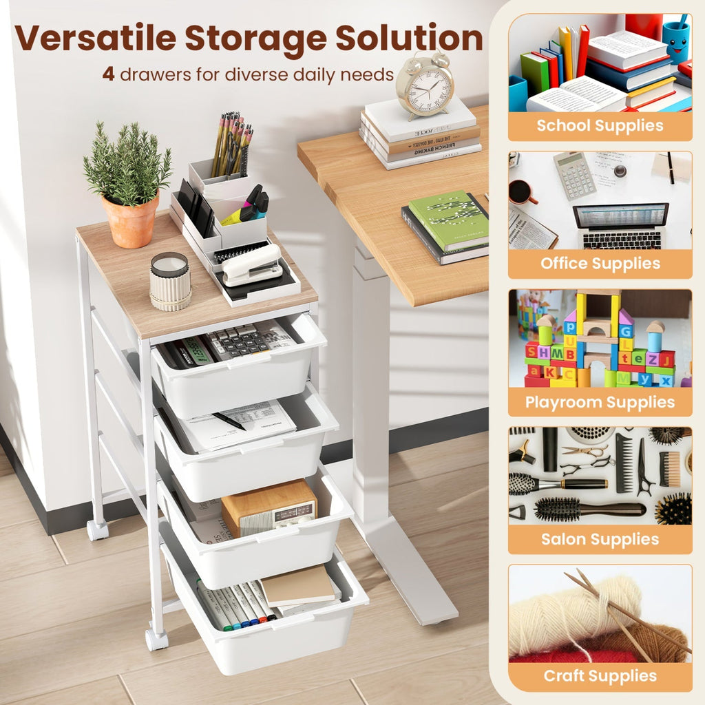 5-Drawer Rolling Storage Cart Mobile Utility Organizer with Wooden Tabletop and Lockable Wheels-White