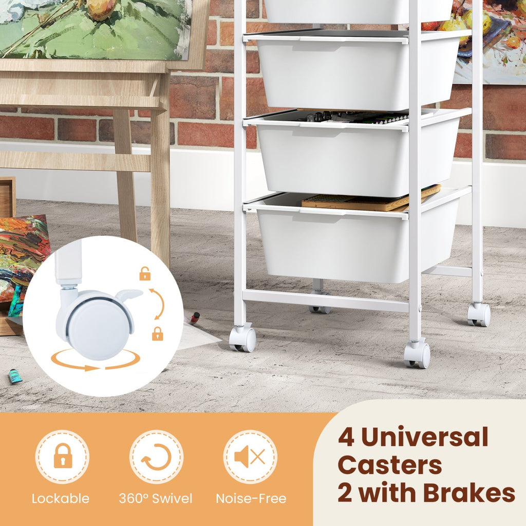 5-Drawer Rolling Storage Cart Mobile Utility Organizer with Wooden Tabletop and Lockable Wheels-White