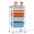 5-Drawer Rolling Storage Cart Mobile Utility Organizer with Wooden Tabletop and Lockable Wheels-White