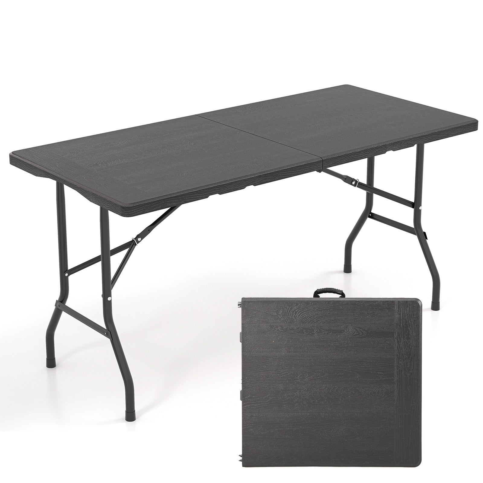 5FT Folding Picnic Table with Wood Grain HDPE Tabletop and Non-slip Foot Pads