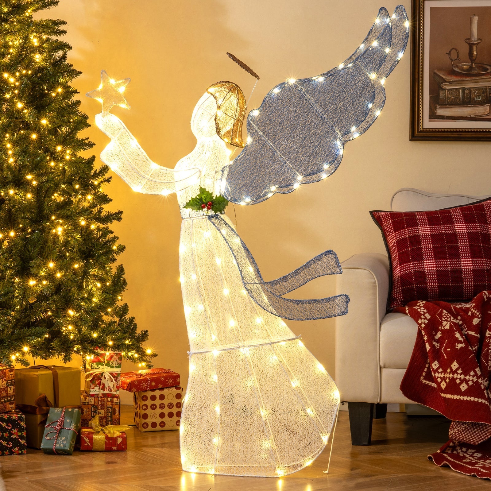 5 Feet Lighted Angel Christmas Decoration with Wings and Warm LED Lights