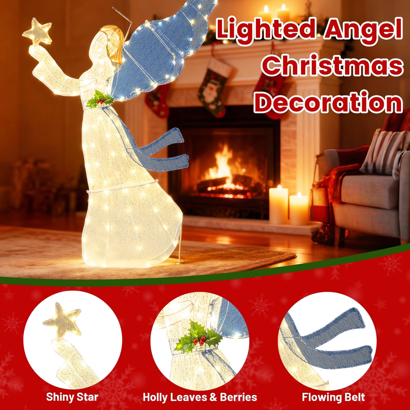5 Feet Lighted Angel Christmas Decoration with Wings and Warm LED Lights
