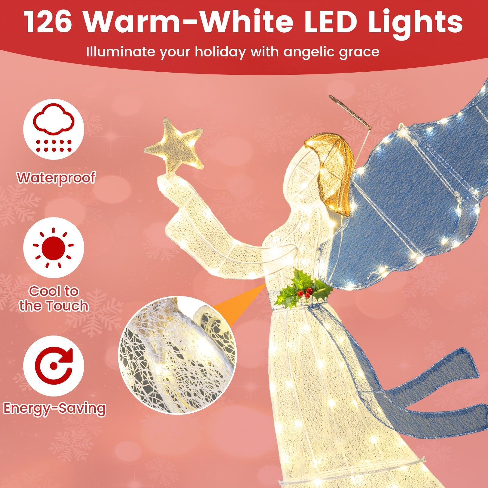 5 Feet Lighted Angel Christmas Decoration with Wings and Warm LED Lights