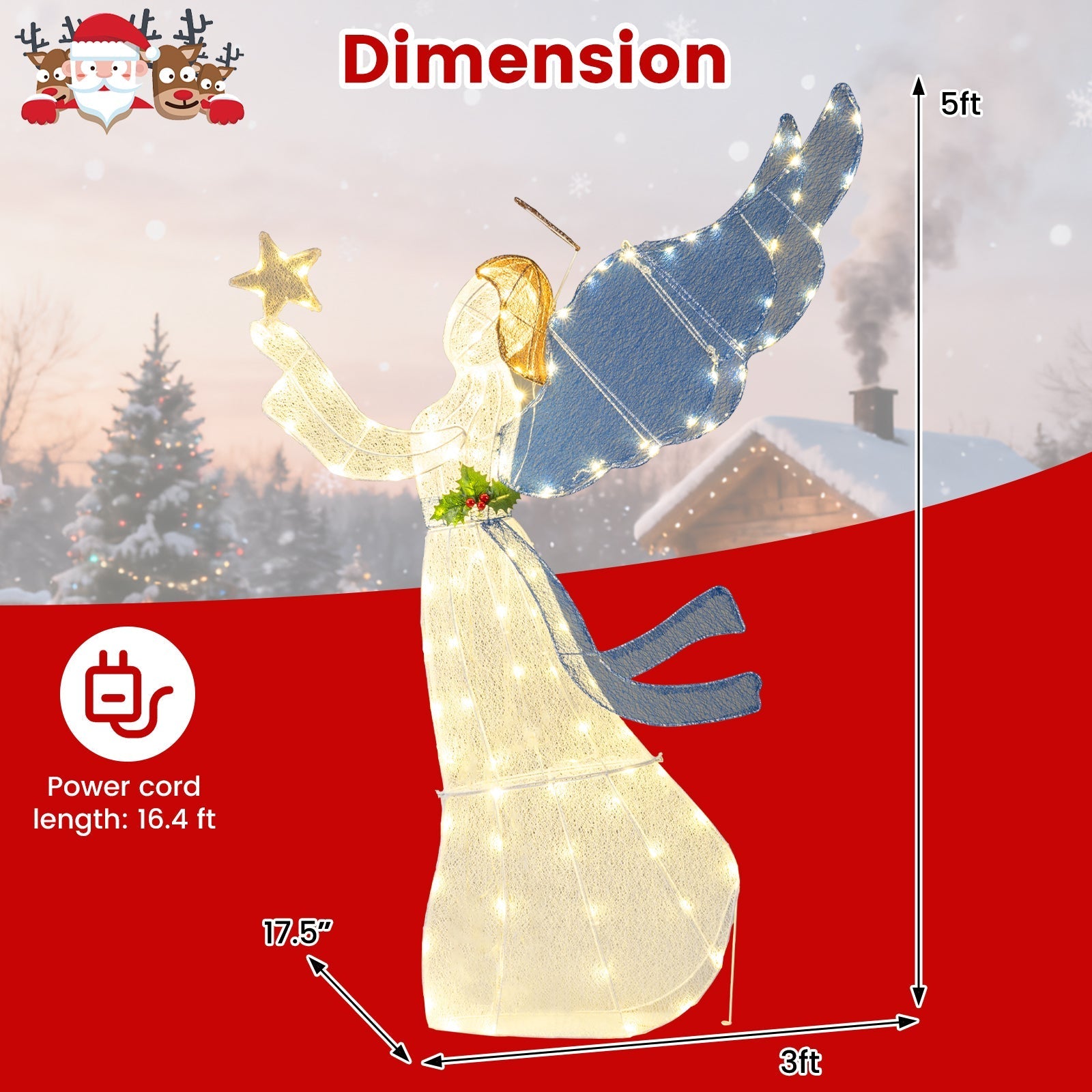 5 Feet Lighted Angel Christmas Decoration with Wings and Warm LED Lights