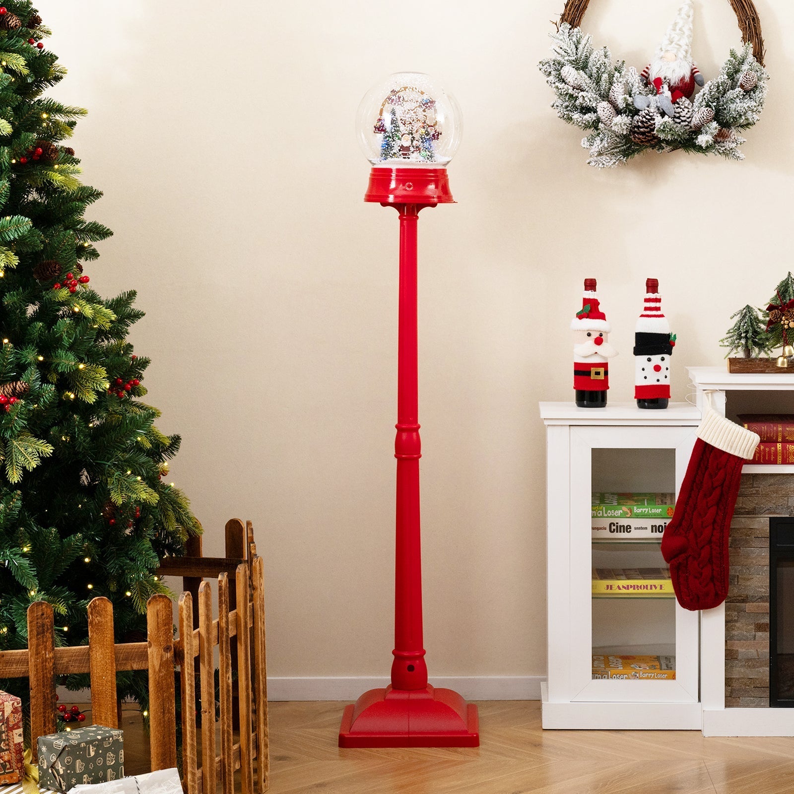 5 Ft Musical Christmas Street Lamp Snow Globe Lantern on Stand-Red
