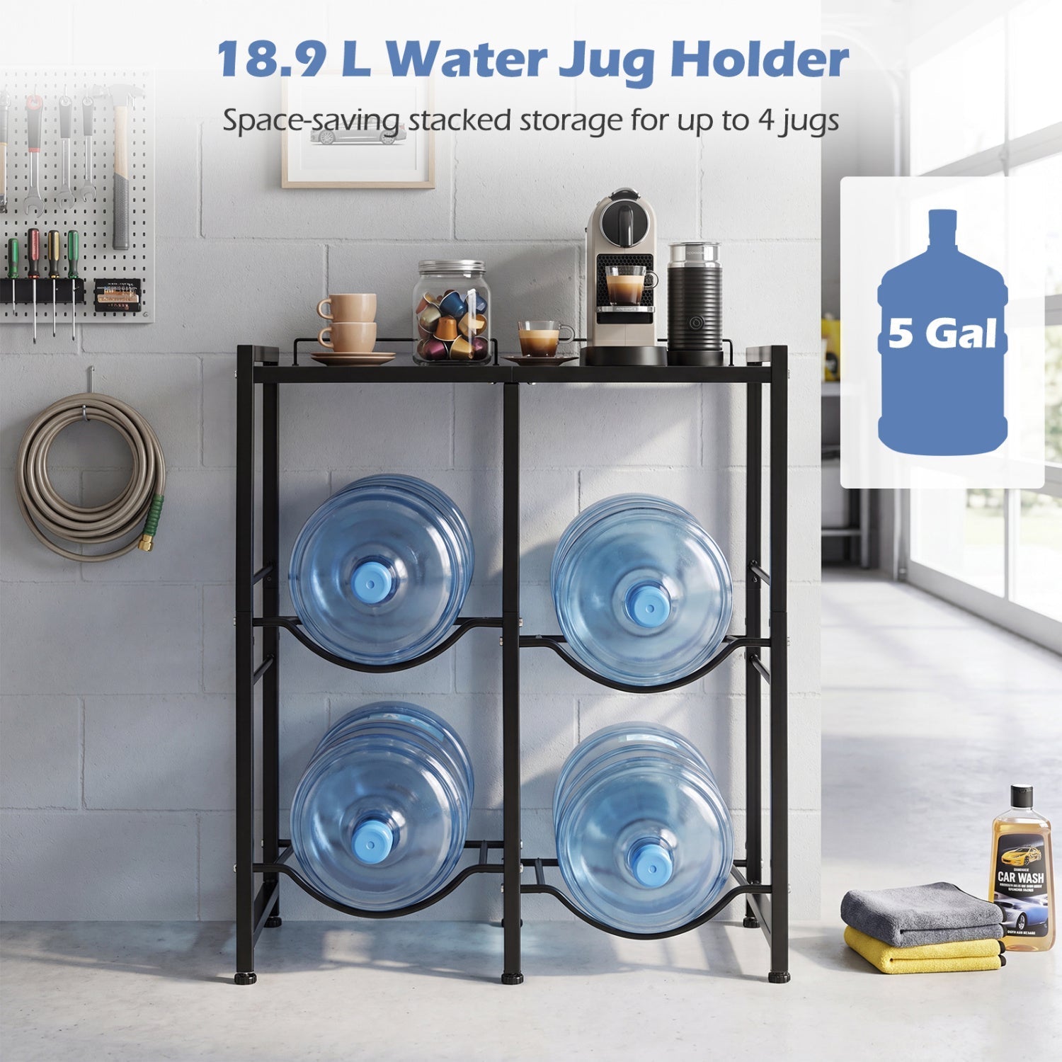 5 Gallon Water Jug Holder for 4 Bottles with Storage Shelf