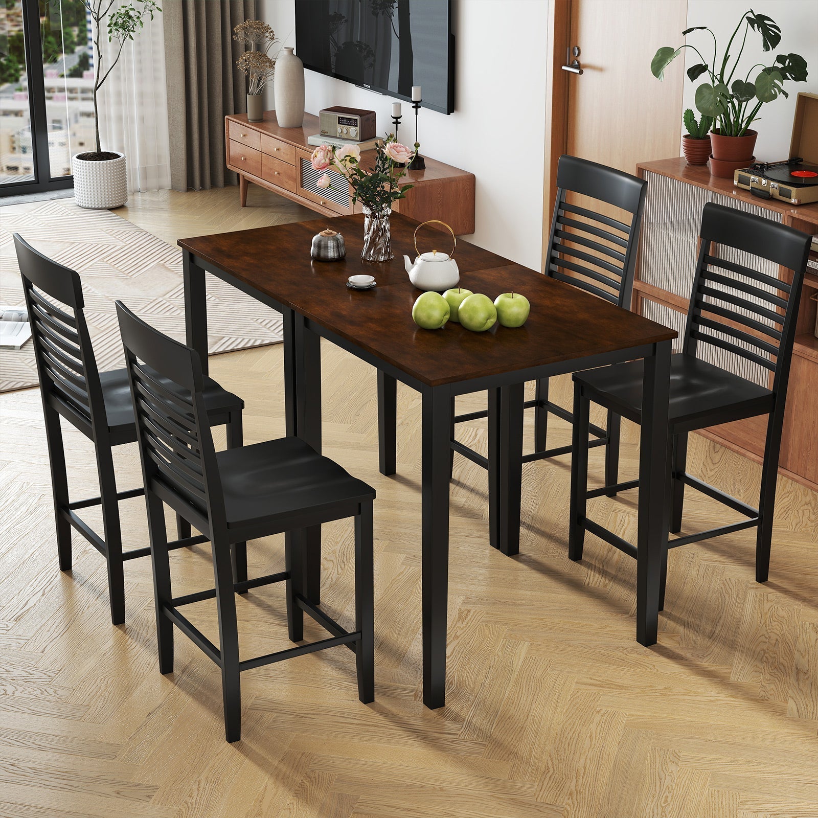 5-Piece Counter-Height Dining Table Set with Rubber Wood Frame and Footrest