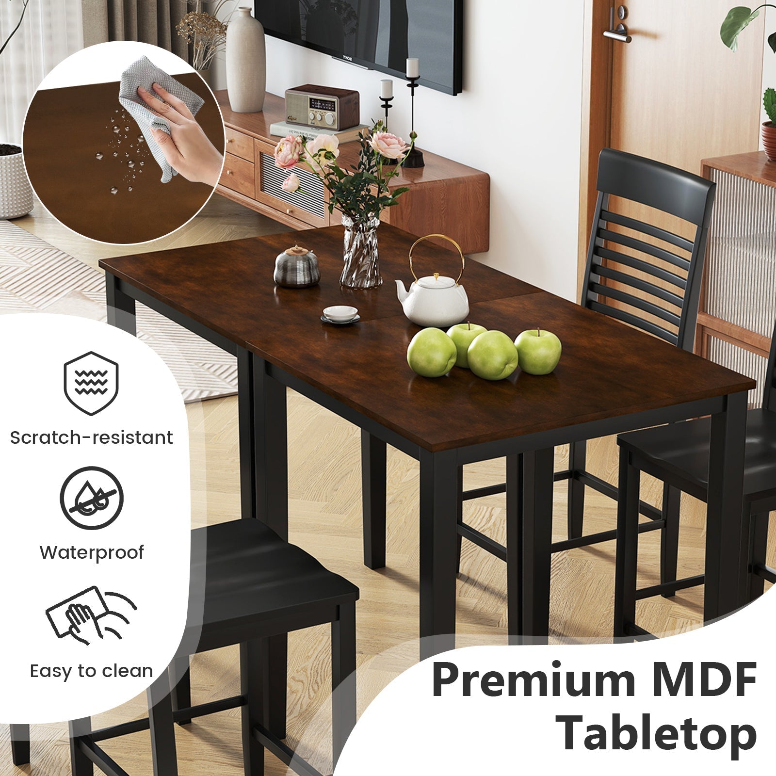 5-Piece Counter-Height Dining Table Set with Rubber Wood Frame and Footrest