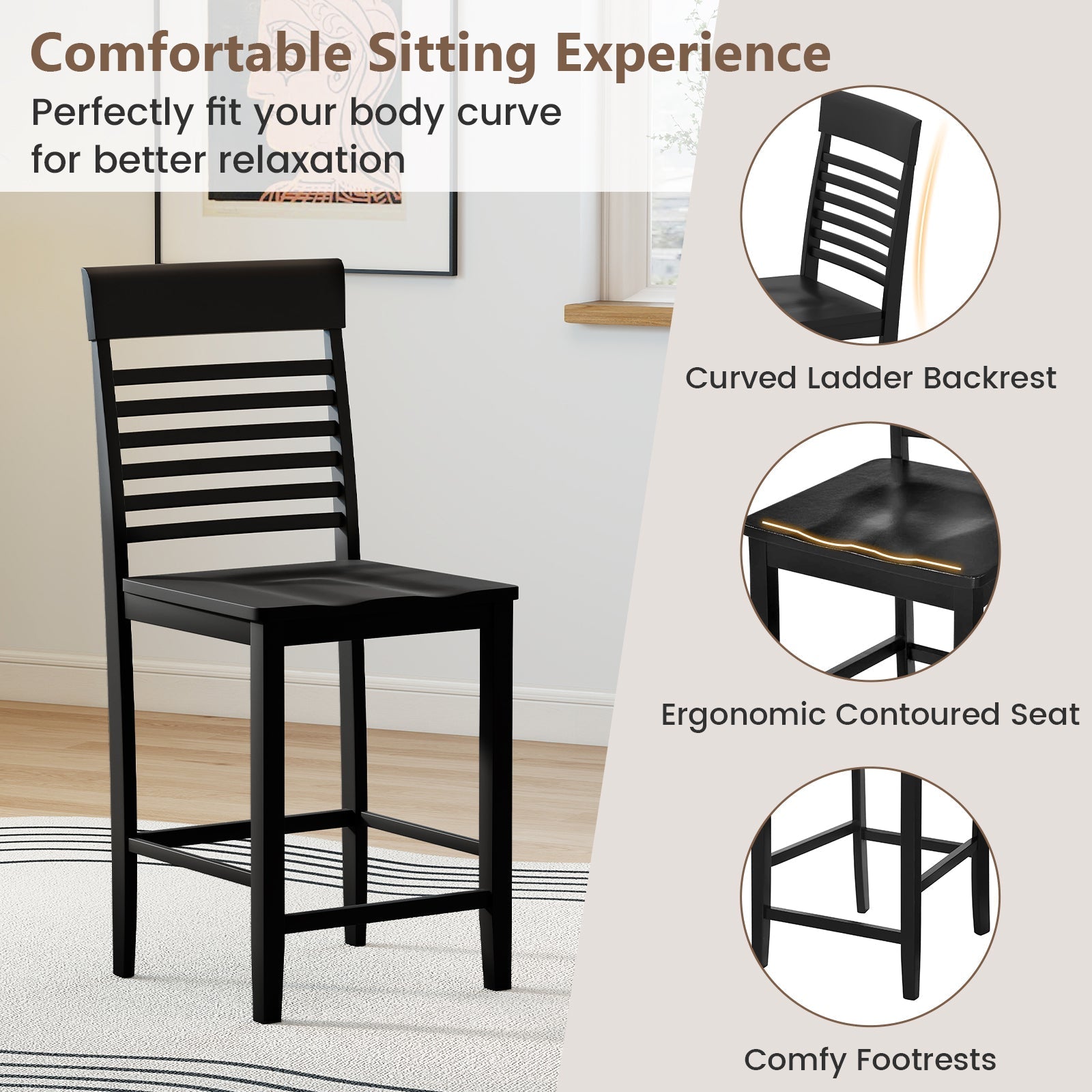 5-Piece Counter-Height Dining Table Set with Rubber Wood Frame and Footrest