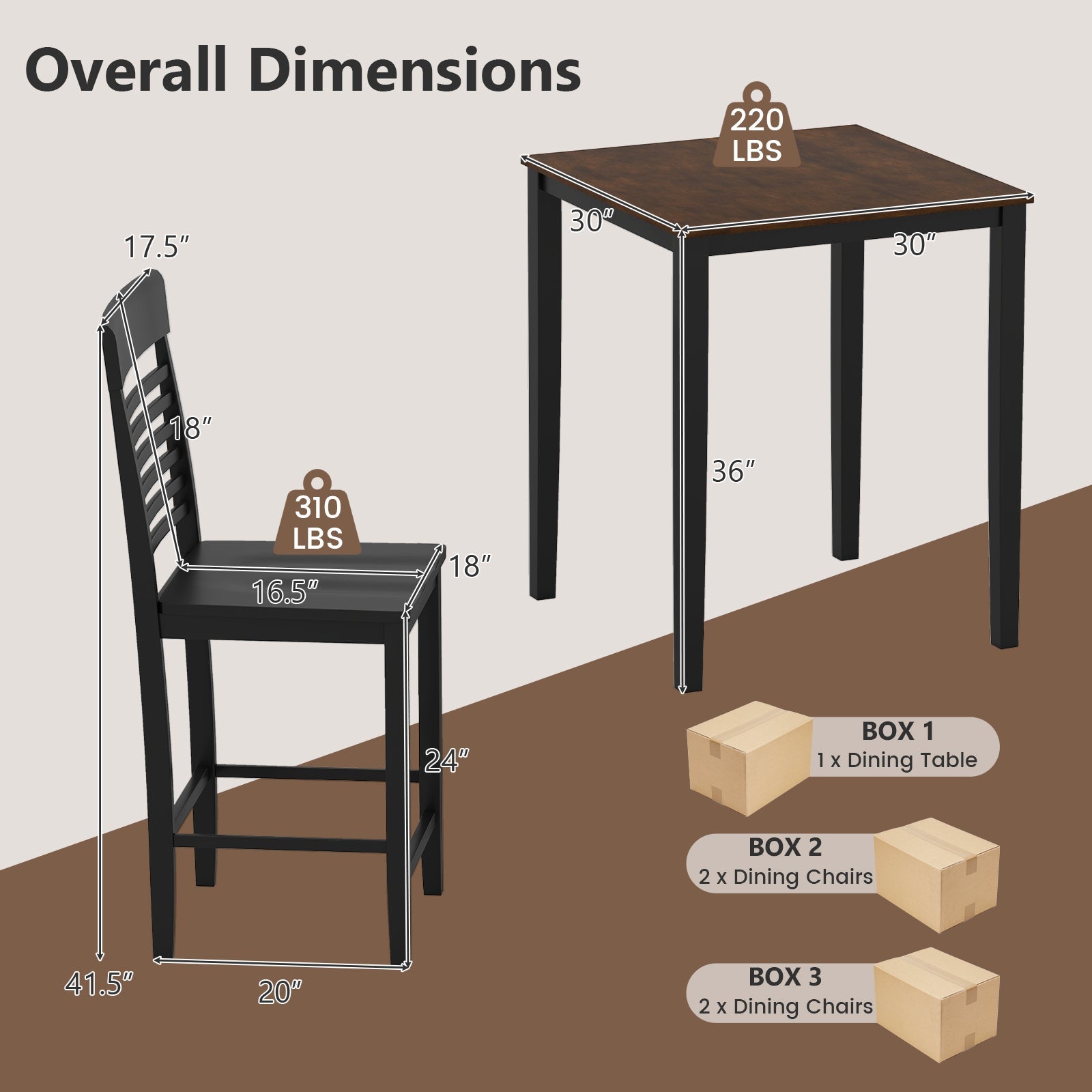 5-Piece Counter-Height Dining Table Set with Rubber Wood Frame and Footrest