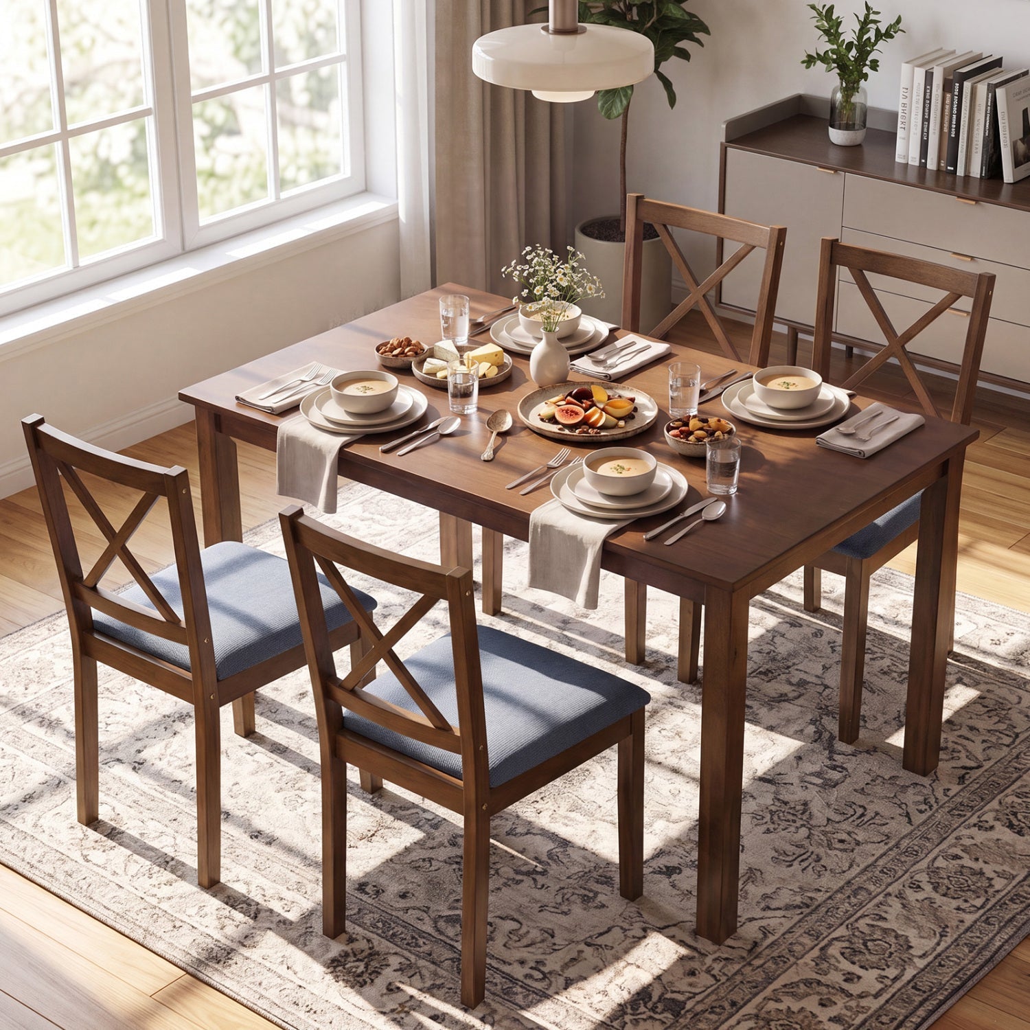 5-Piece Dining Set with Rectangular Table & Fabric Chairs