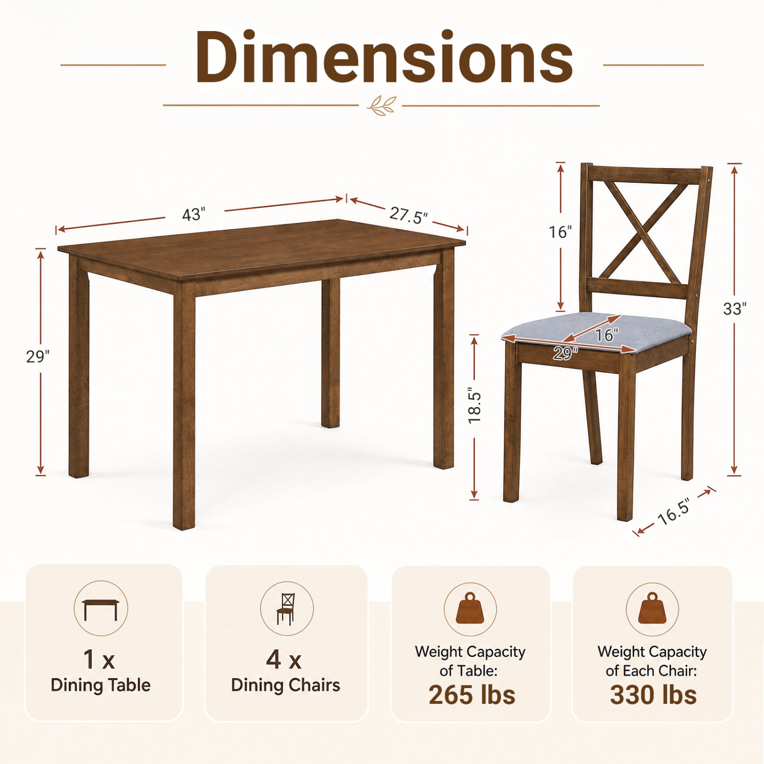 5-Piece Dining Set with Rectangular Table & Fabric Chairs