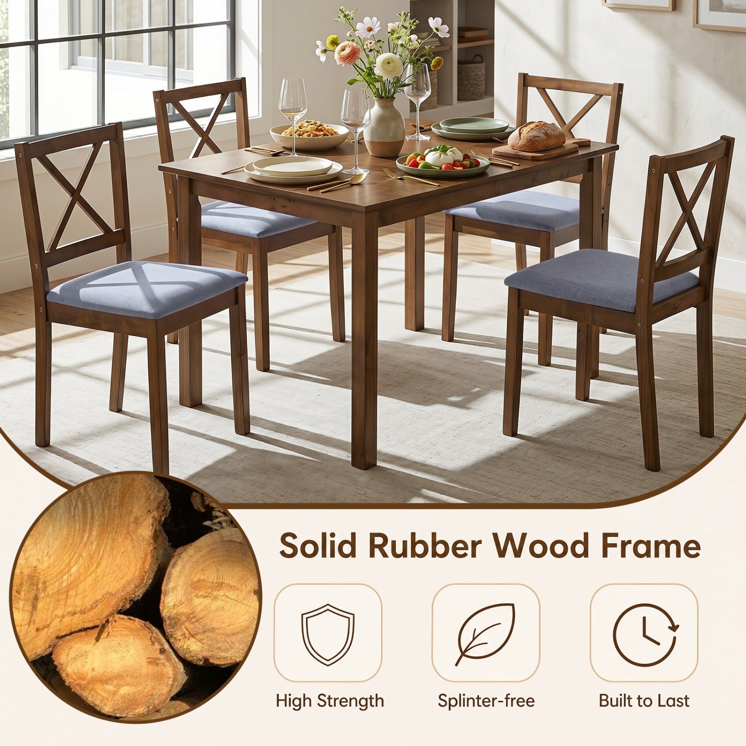 5-Piece Dining Set with Rectangular Table & Fabric Chairs