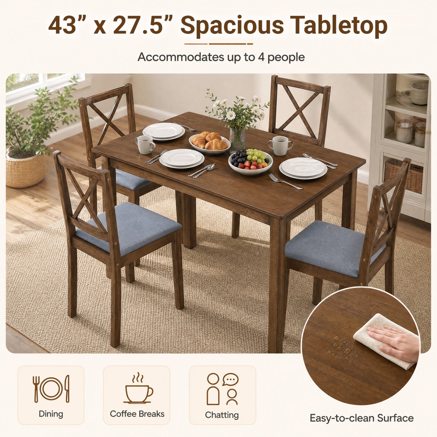 5-Piece Dining Set with Rectangular Table & Fabric Chairs