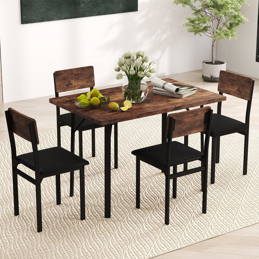 5-Piece Dining Table Set for 4 People Industrial Kitchen Table and 4 PU Leather Chairs-Brown