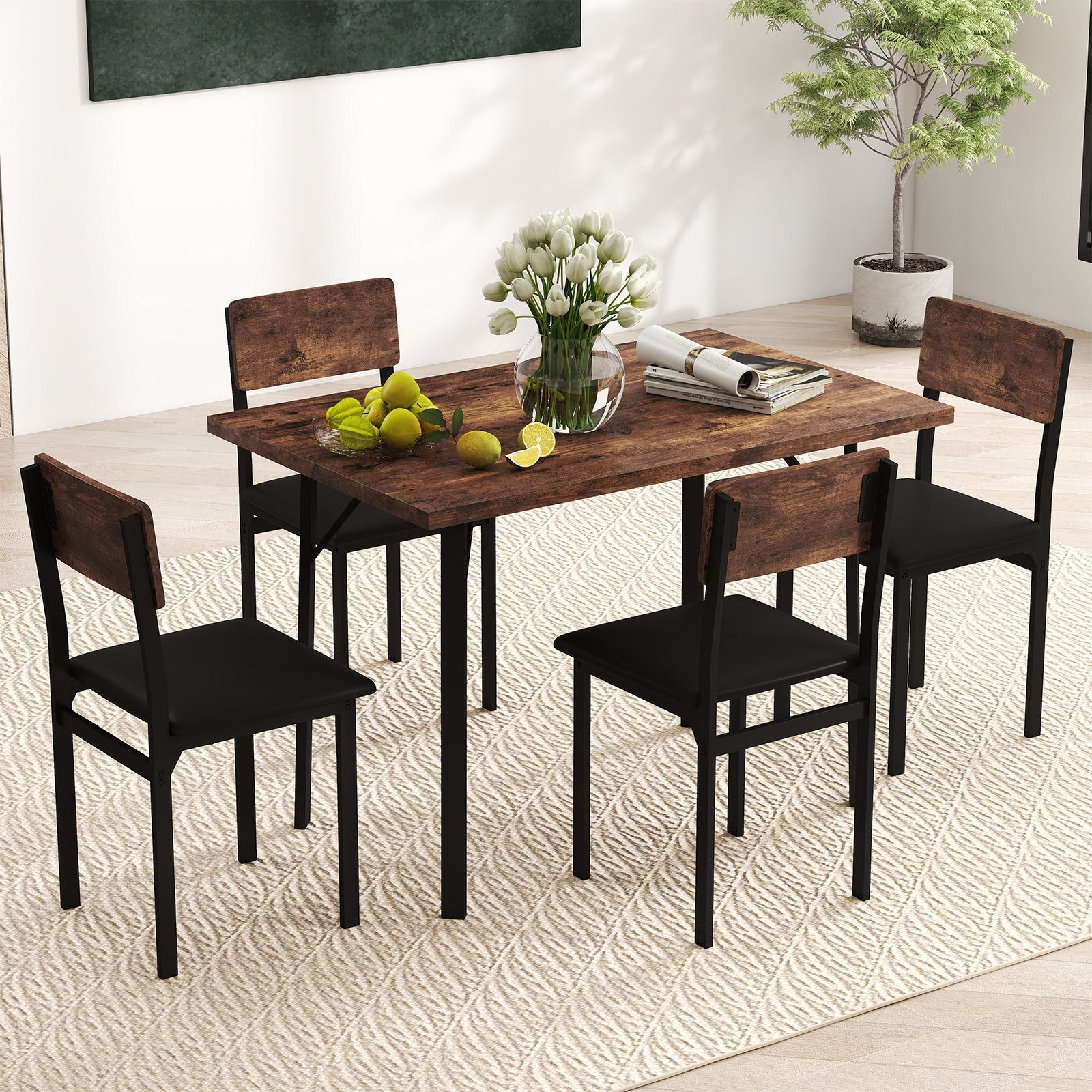 5-Piece Dining Table Set for 4 People Industrial Kitchen Table and 4 PU Leather Chairs-Brown