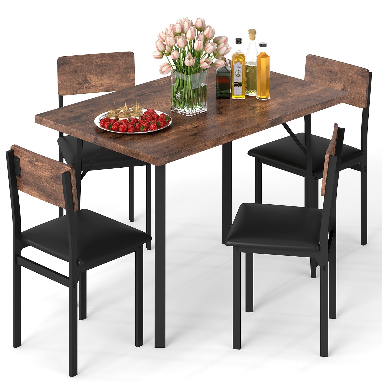 5-Piece Dining Table Set for 4 People Industrial Kitchen Table and 4 PU Leather Chairs-Brown