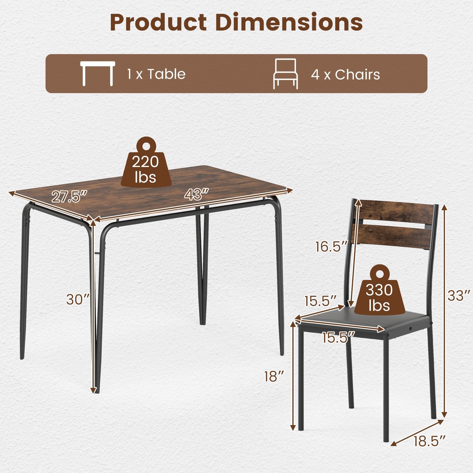 5-Piece Dining Table Set Industrial Rectangular Kitchen Table and 4 Armless Chairs-Rustic Brown