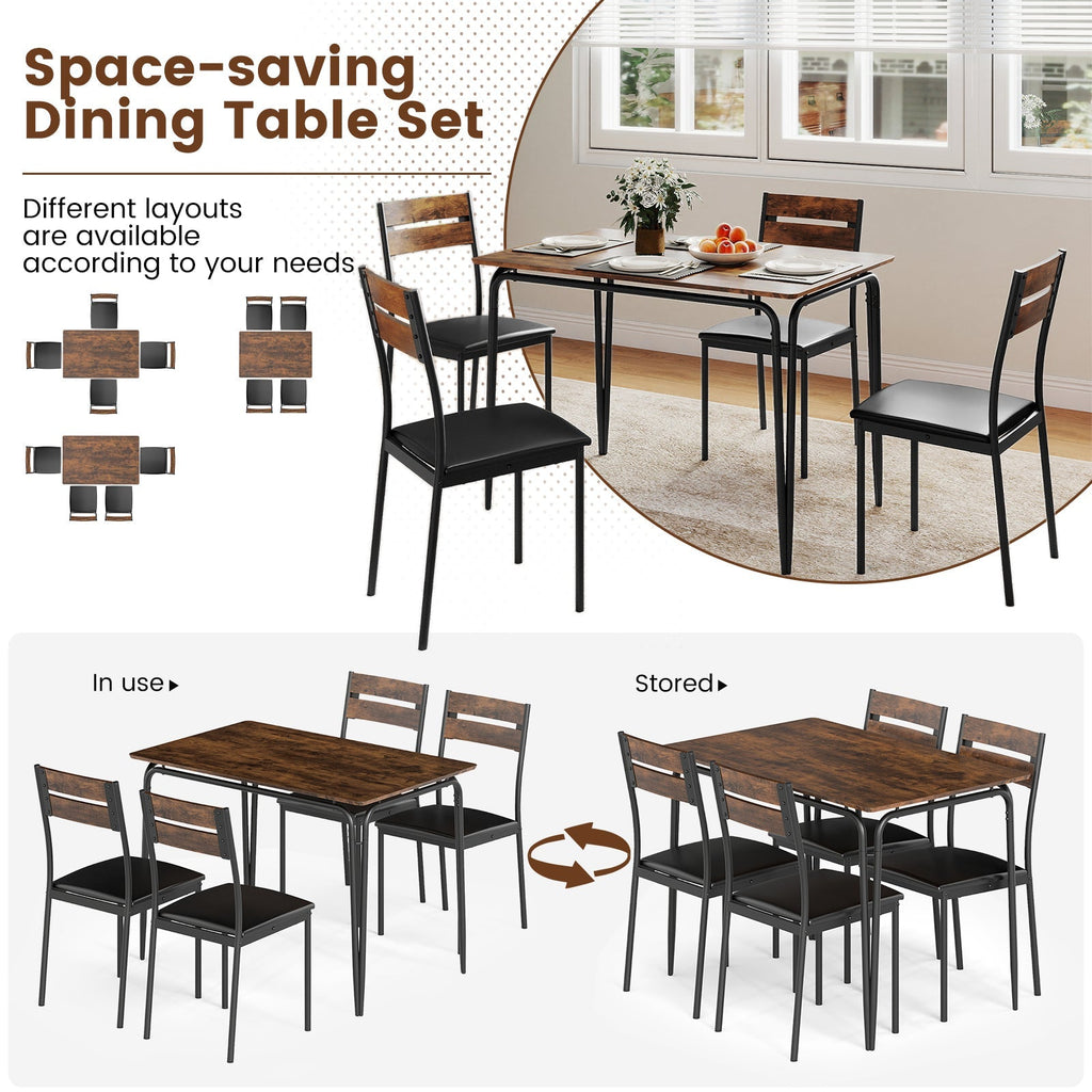 5-Piece Dining Table Set Industrial Rectangular Kitchen Table and 4 Armless Chairs-Rustic Brown