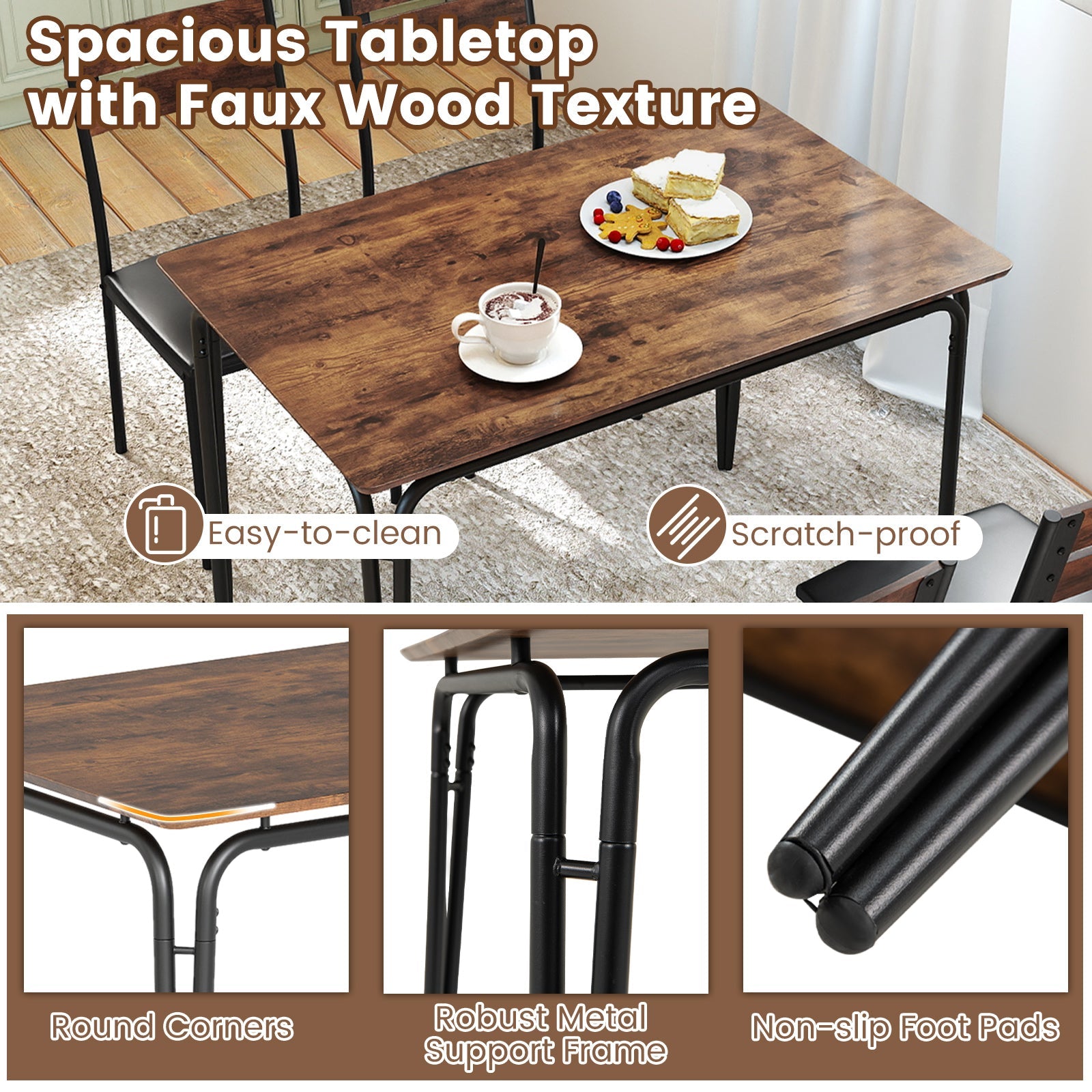 5-Piece Dining Table Set Industrial Rectangular Kitchen Table and 4 Armless Chairs-Rustic Brown